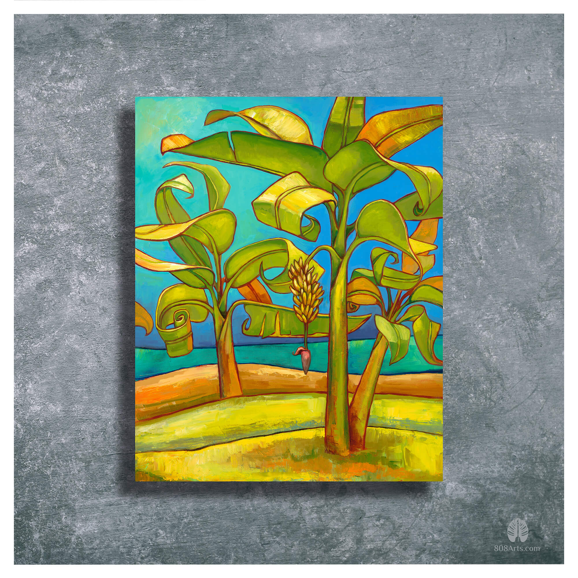 Banana trees with fruit on the shore by Hawaii artist Colin Redican