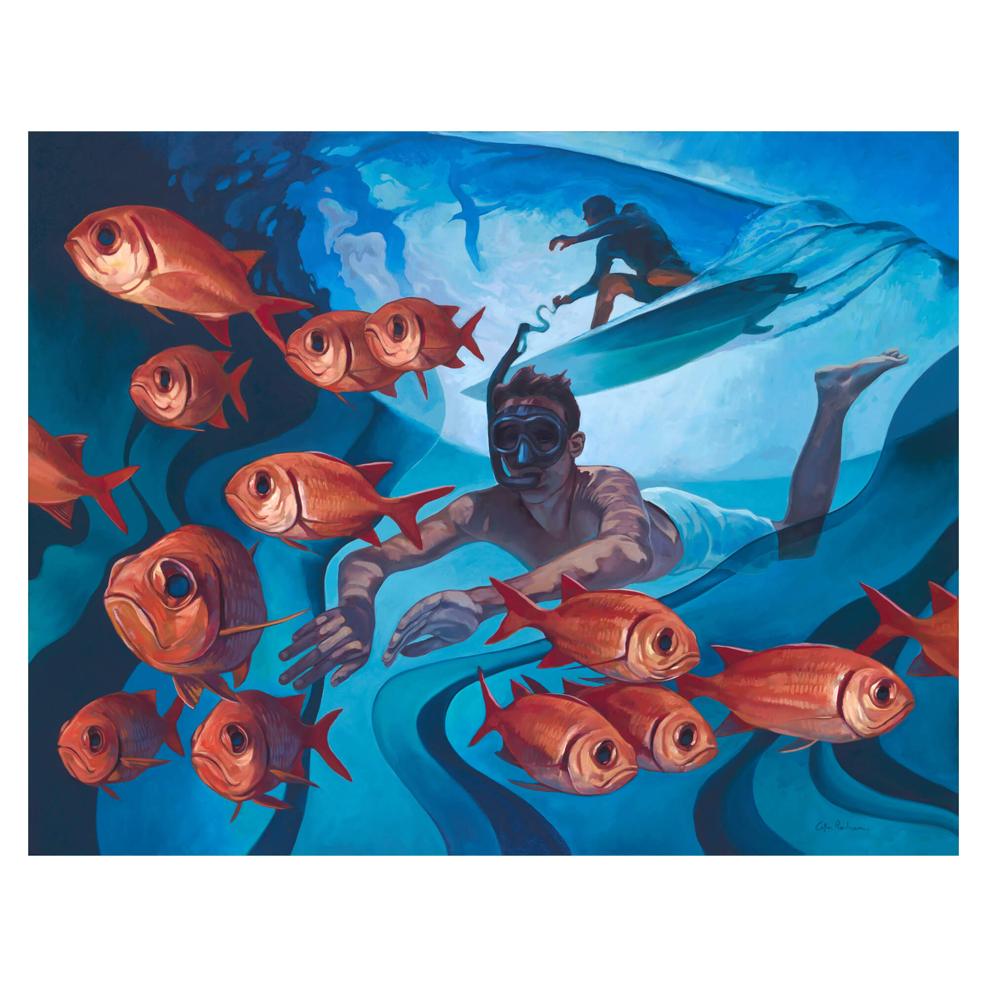 Underwater view of a diver, school of red fish and a surfer by Hawaii artist Colin Redican