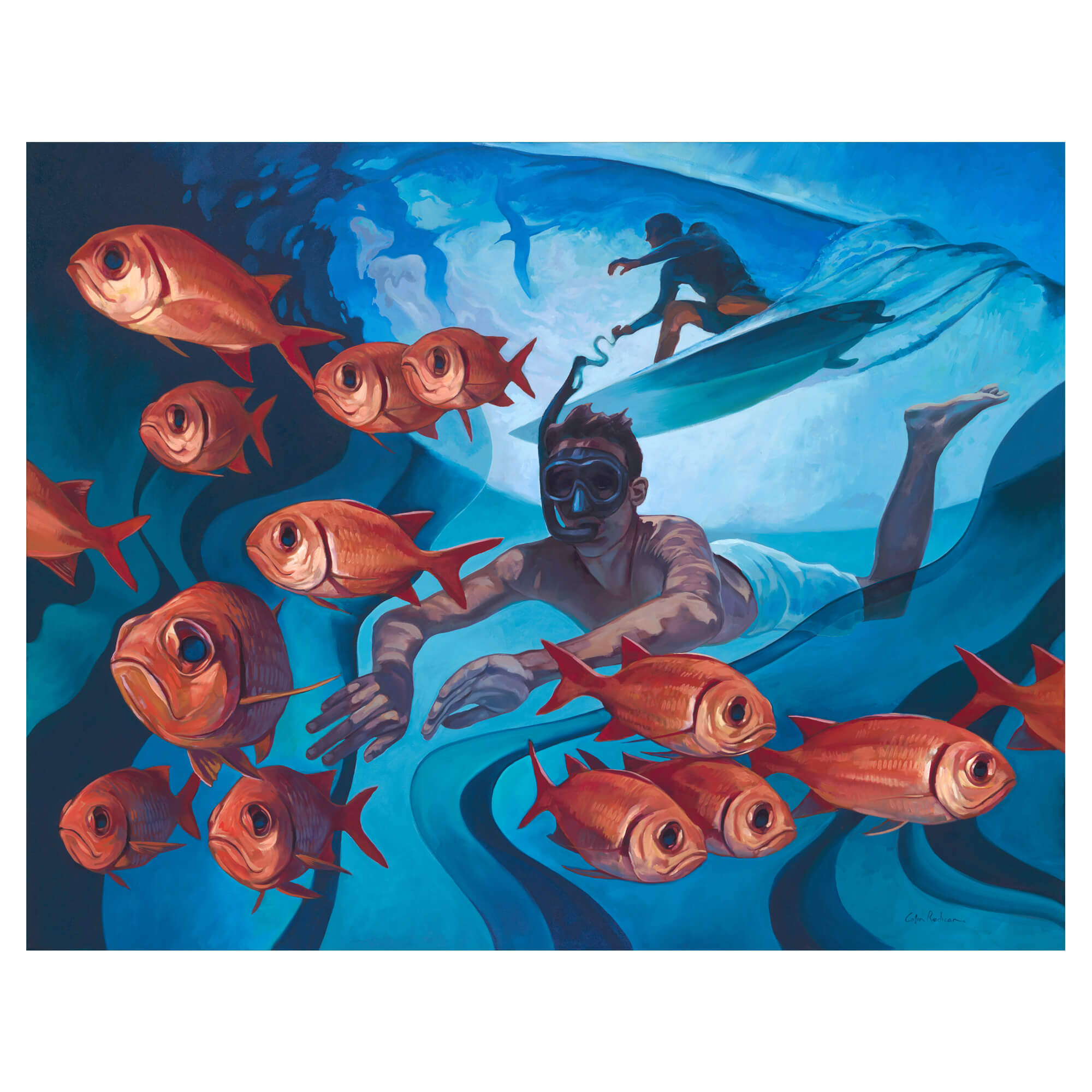 A man diving with a school of fish below and a man surfing above the surface by Hawaii artist Colin Redican