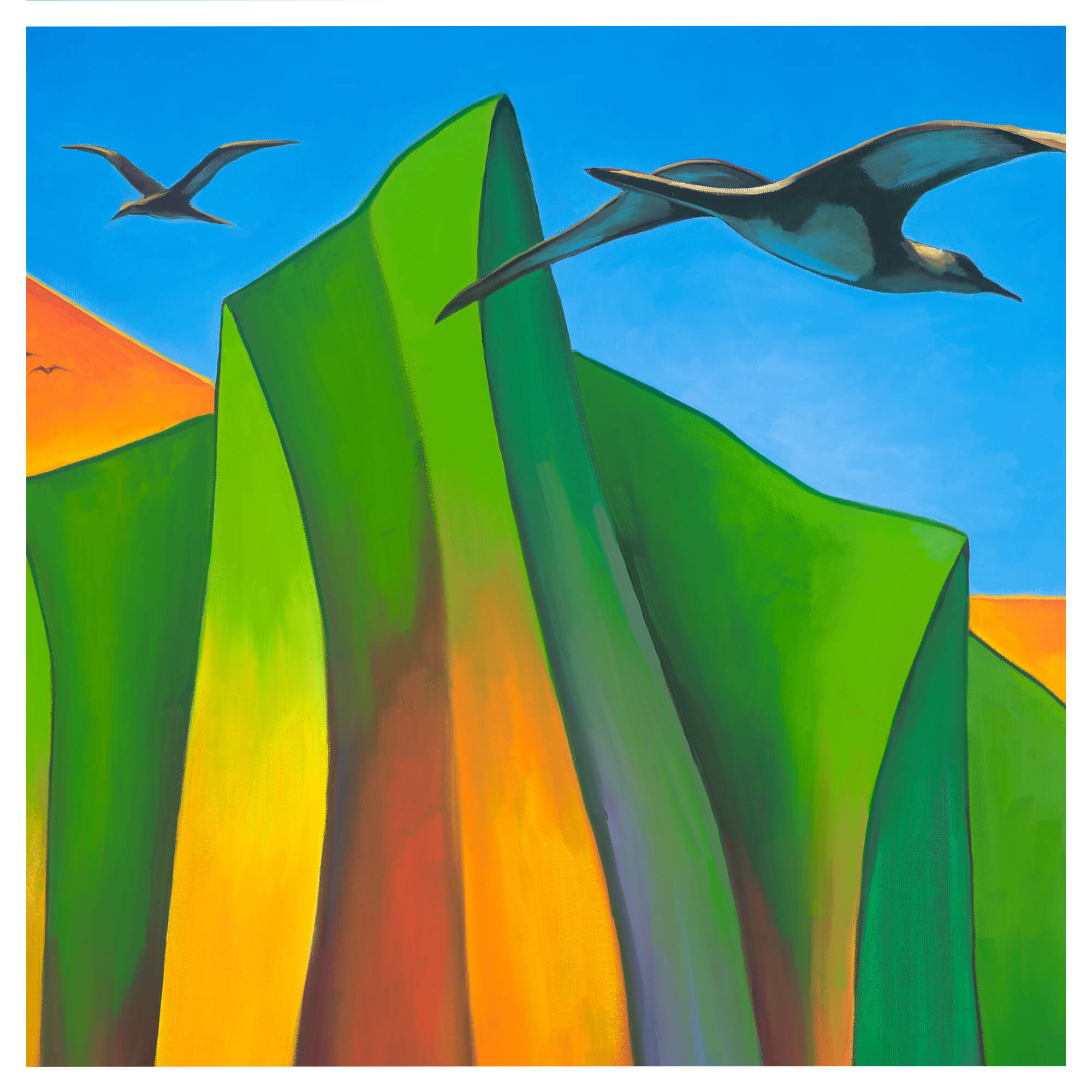 Birds flying around a cliff by Hawaii artist Colin Redican