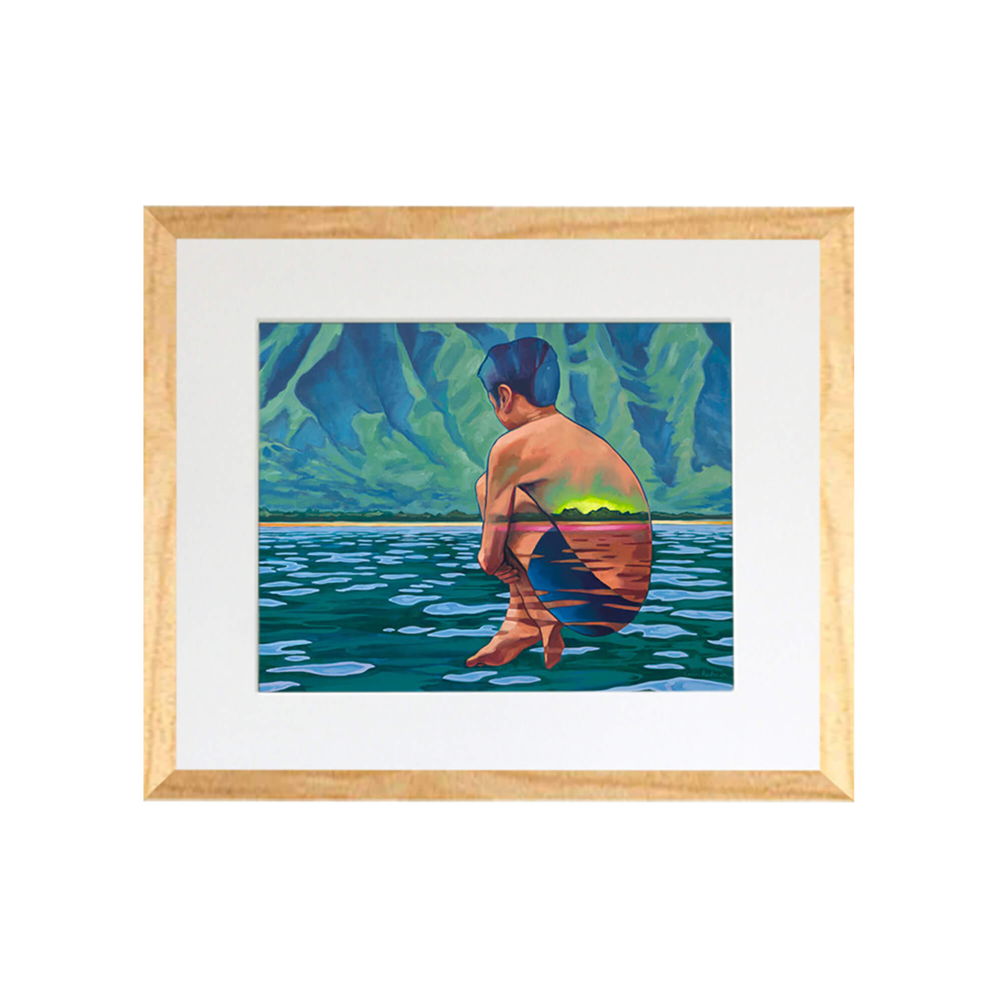 A boy jumping to the water and a tropical island background by Hawaii artist Colin Redican
