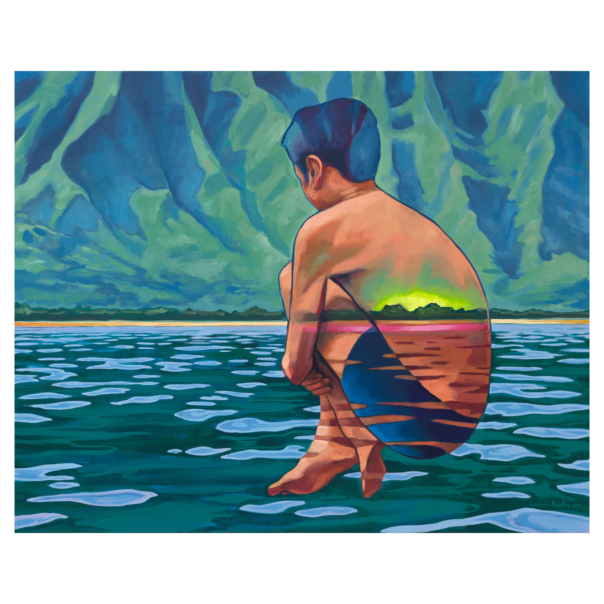 Artist Colin Redican from Hawaii depicts a youngster leaping into the ocean