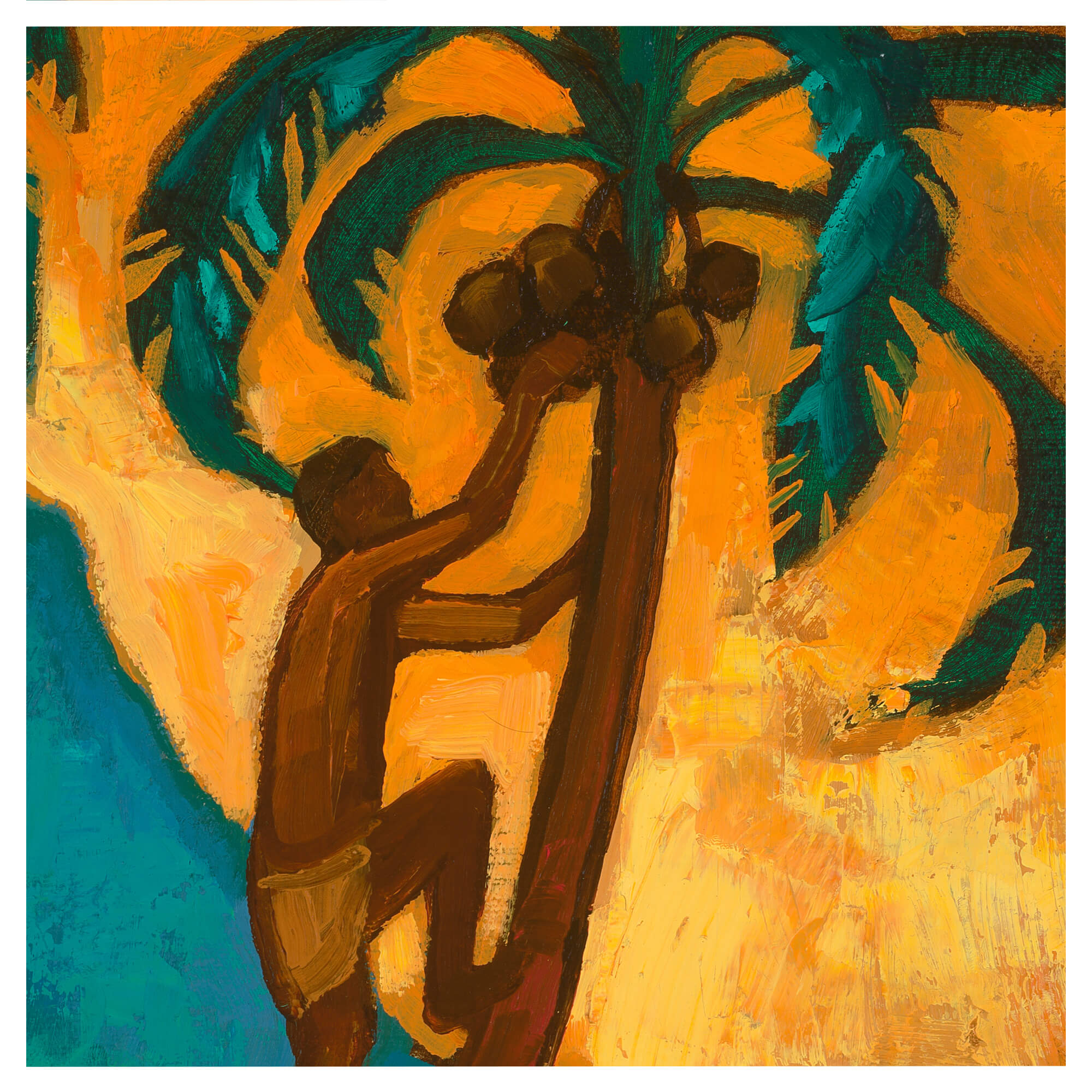 A man climbing a coconut tree by Hawaii artist Colin Redican