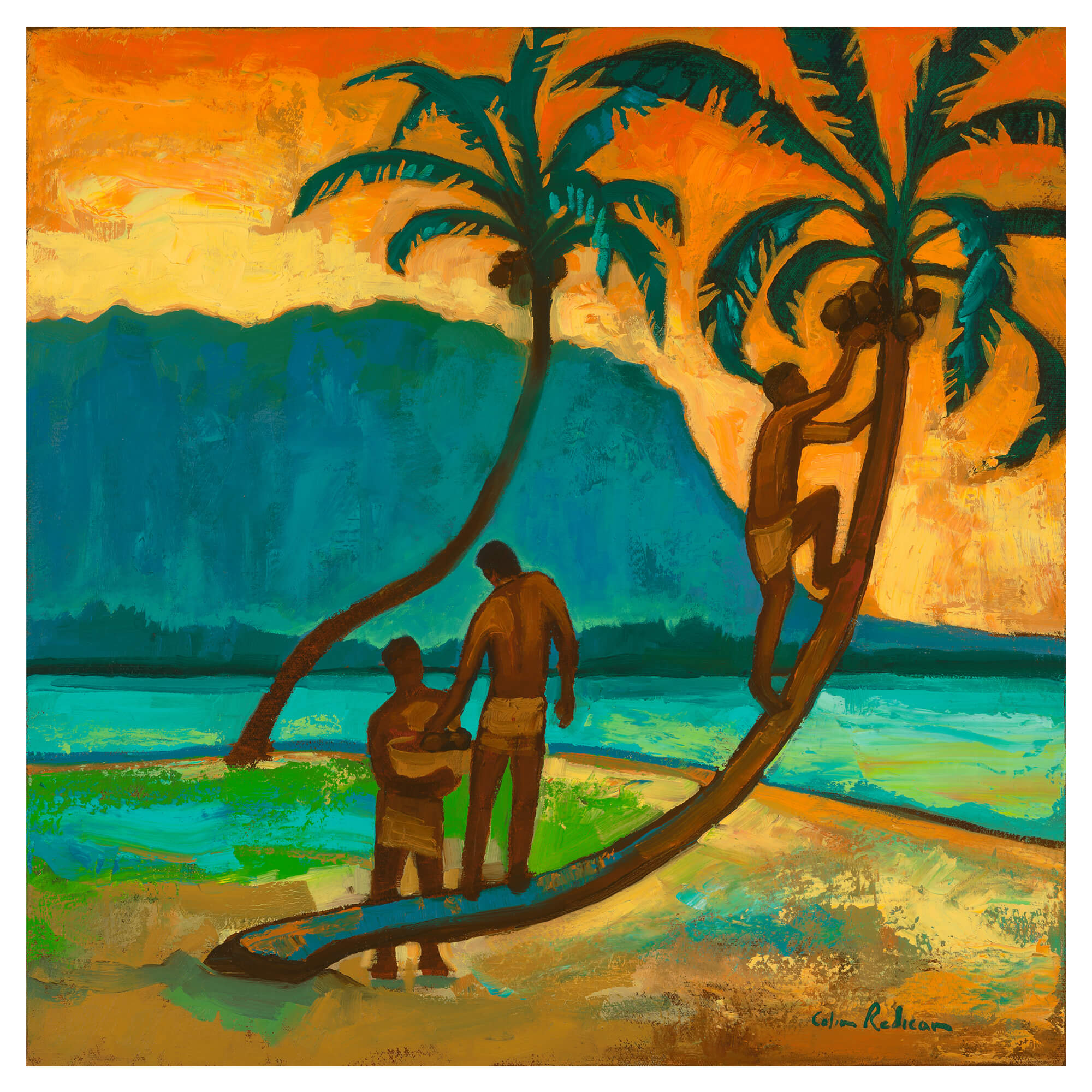 Three locals gathering coconuts by Hawaii artist Colin Redican