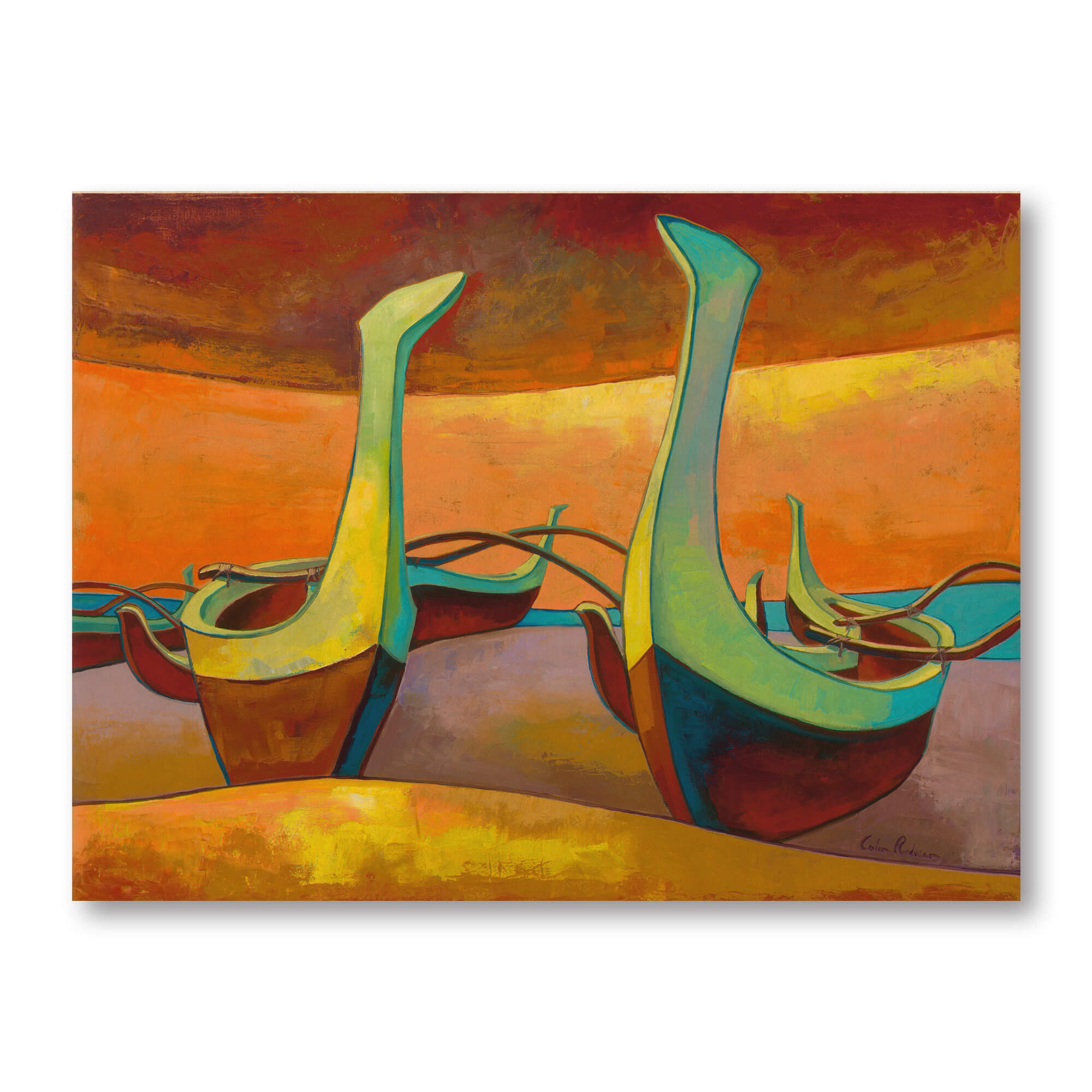Carved canoes on the shore by Hawaii artist Colin Redican