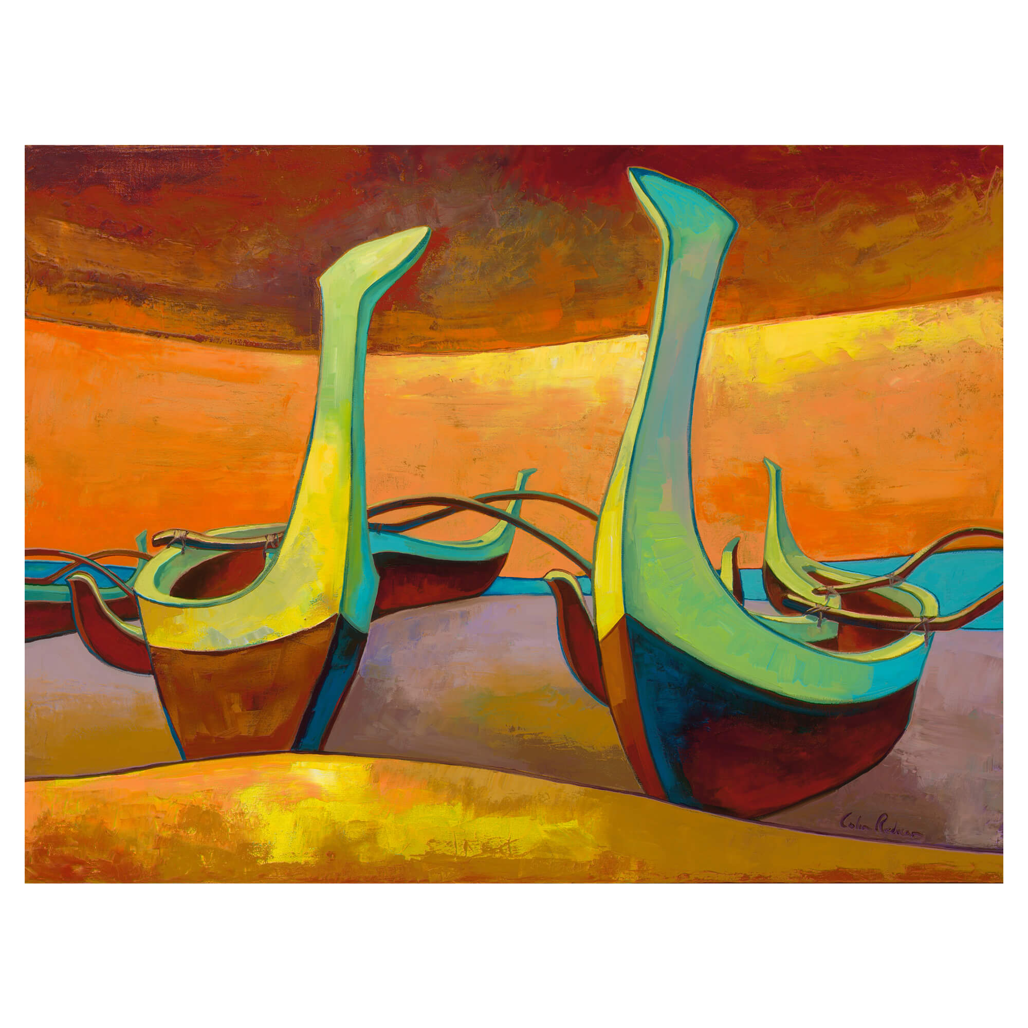 Rustic depiction of two canoes on a shore by Hawaii artist Colin Redican