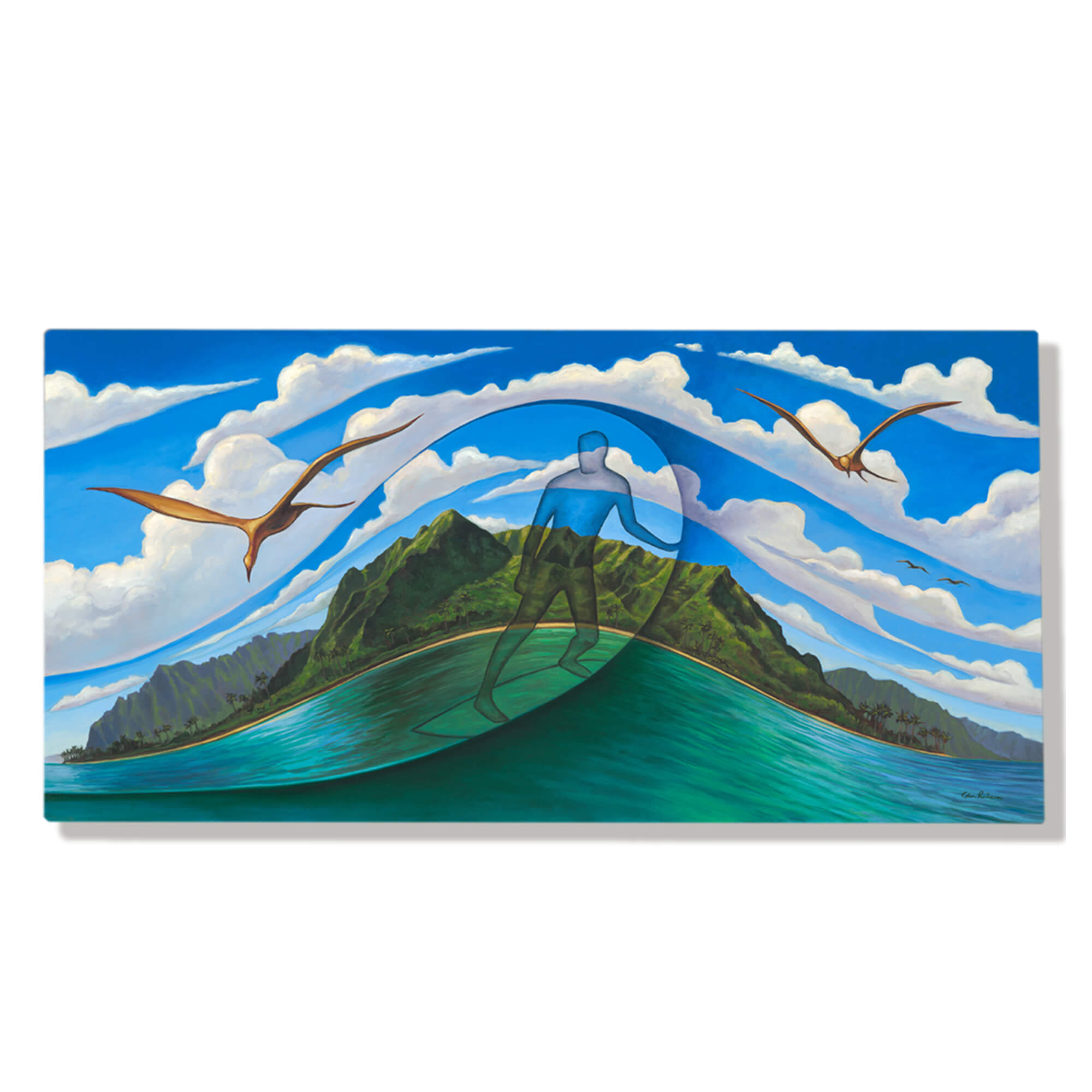 A man on a surfboard and a tropical island by Hawaii artist Colin Redican