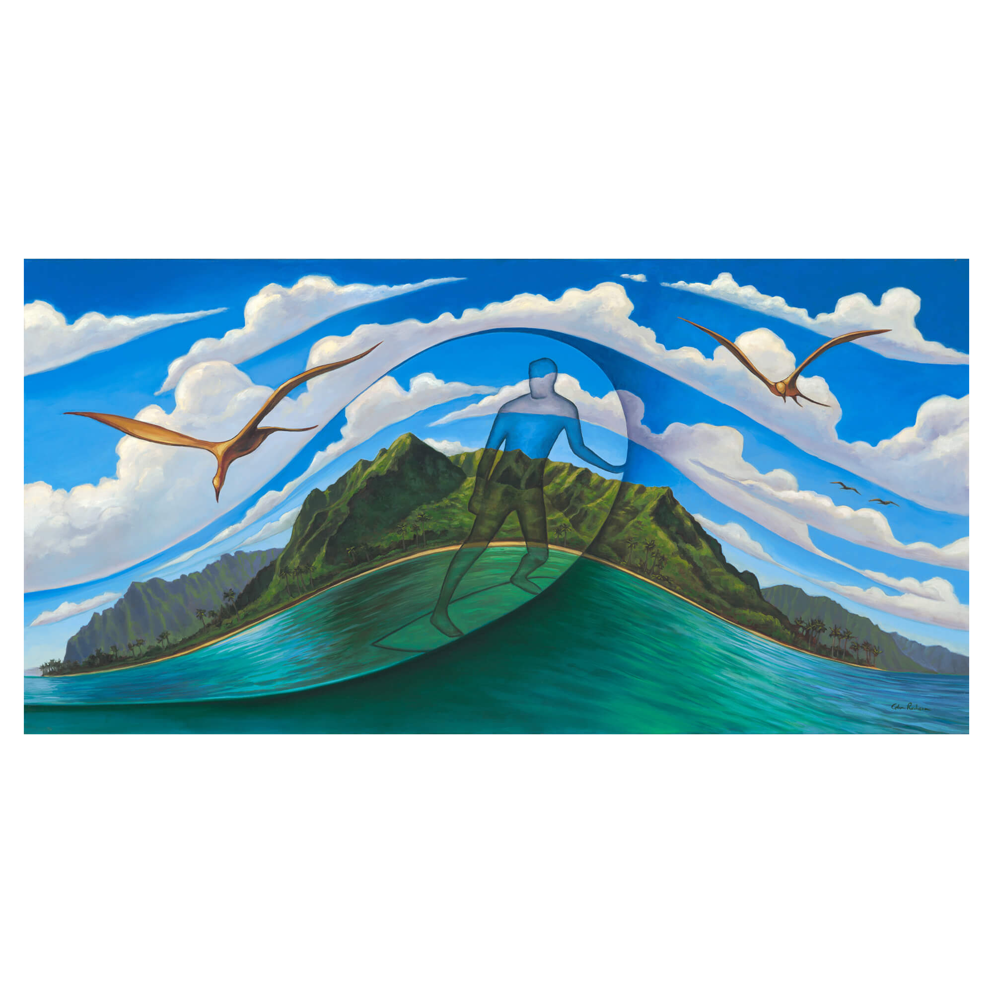 A tropical island with flying birds by Hawaii artist Colin Redican