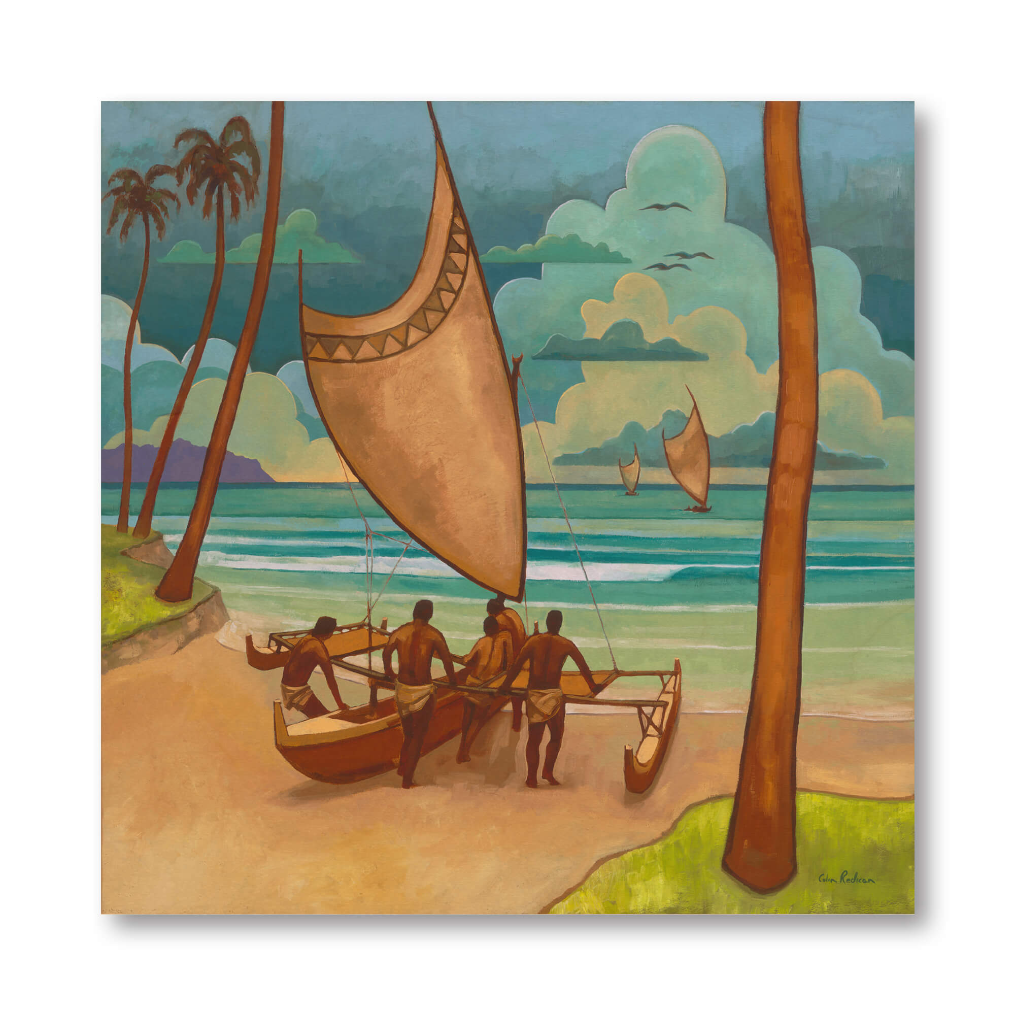 Men holding a canoe by Hawaii artist Colin Redican