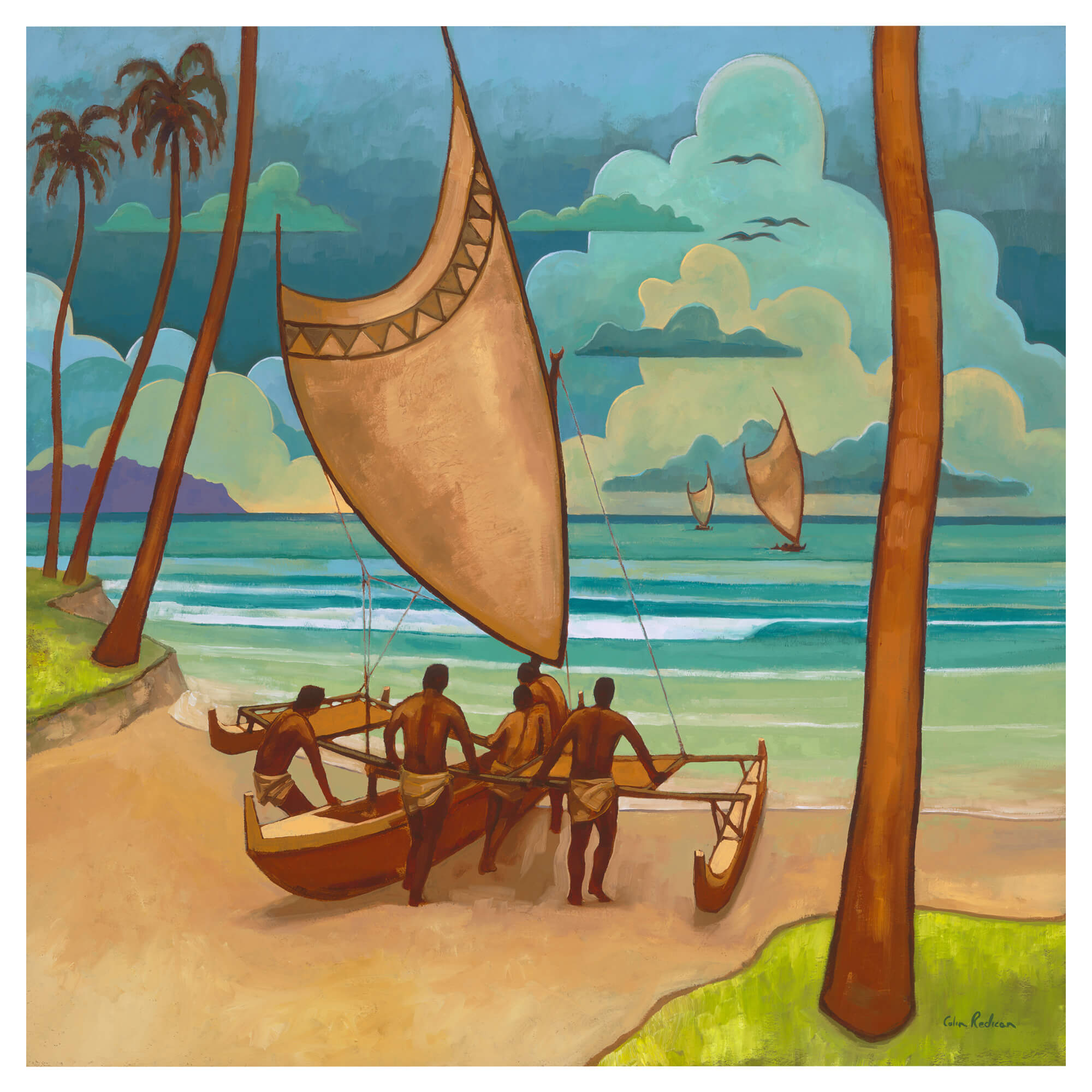 Men getting ready to sail by Hawaii artist Colin Redican