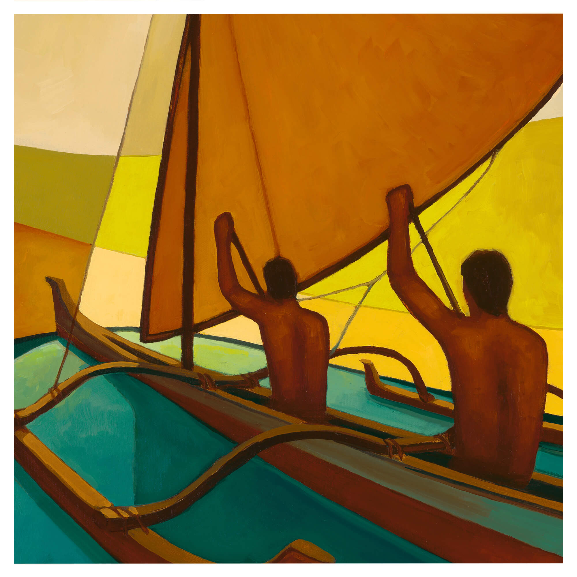 Two men in a canoe by Hawaii artist Colin Redican