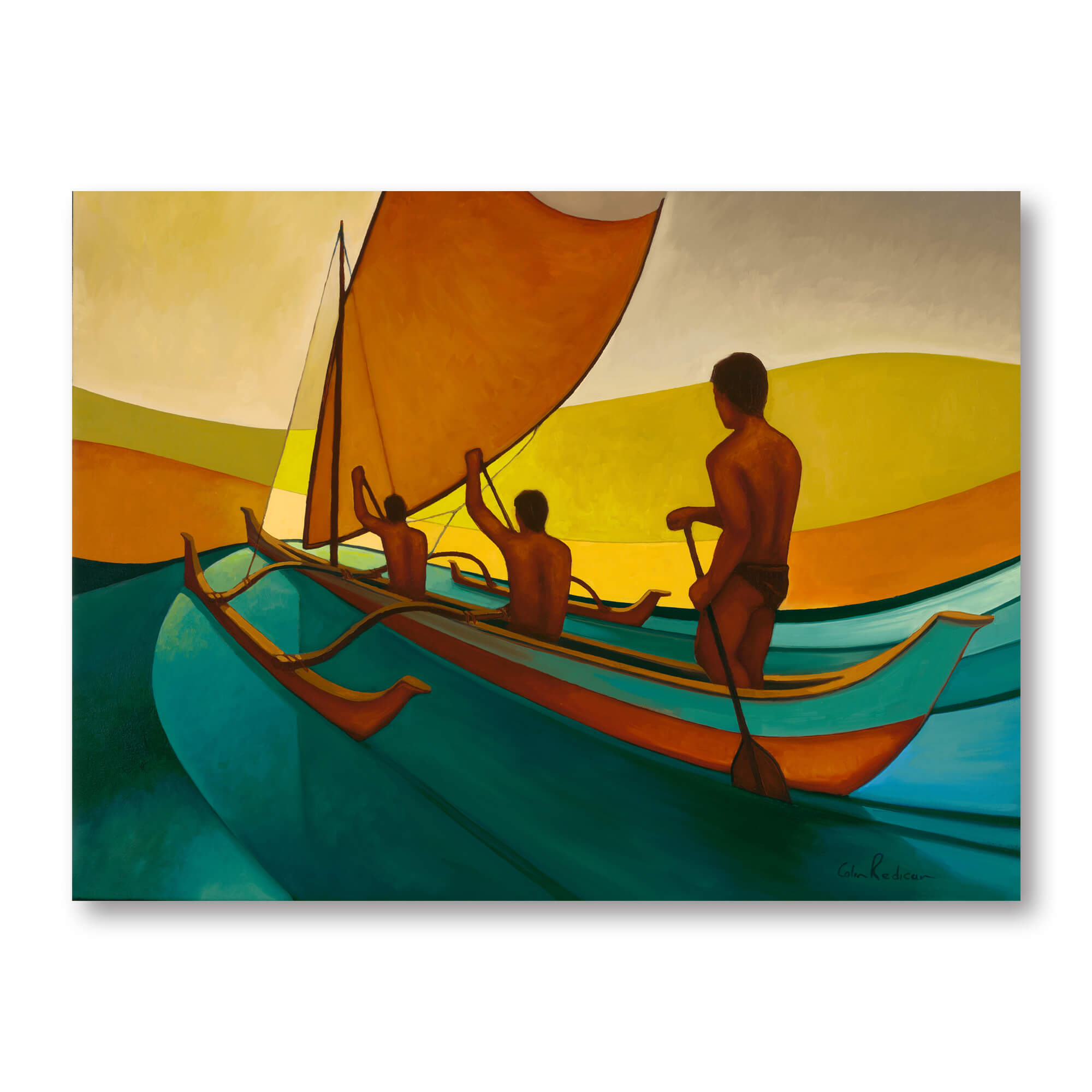 Men in a canoe paddling towards the horizon by Hawaii artist Colin Redican