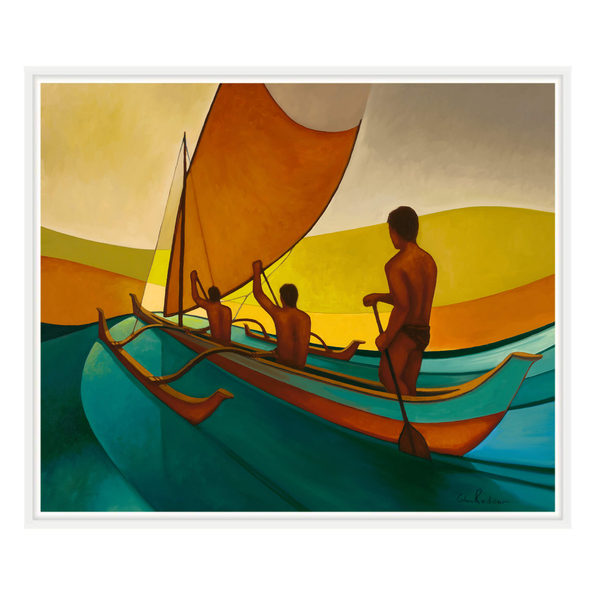 A teal hued ocean water with men in a canoe by Hawaii artist Colin Redican