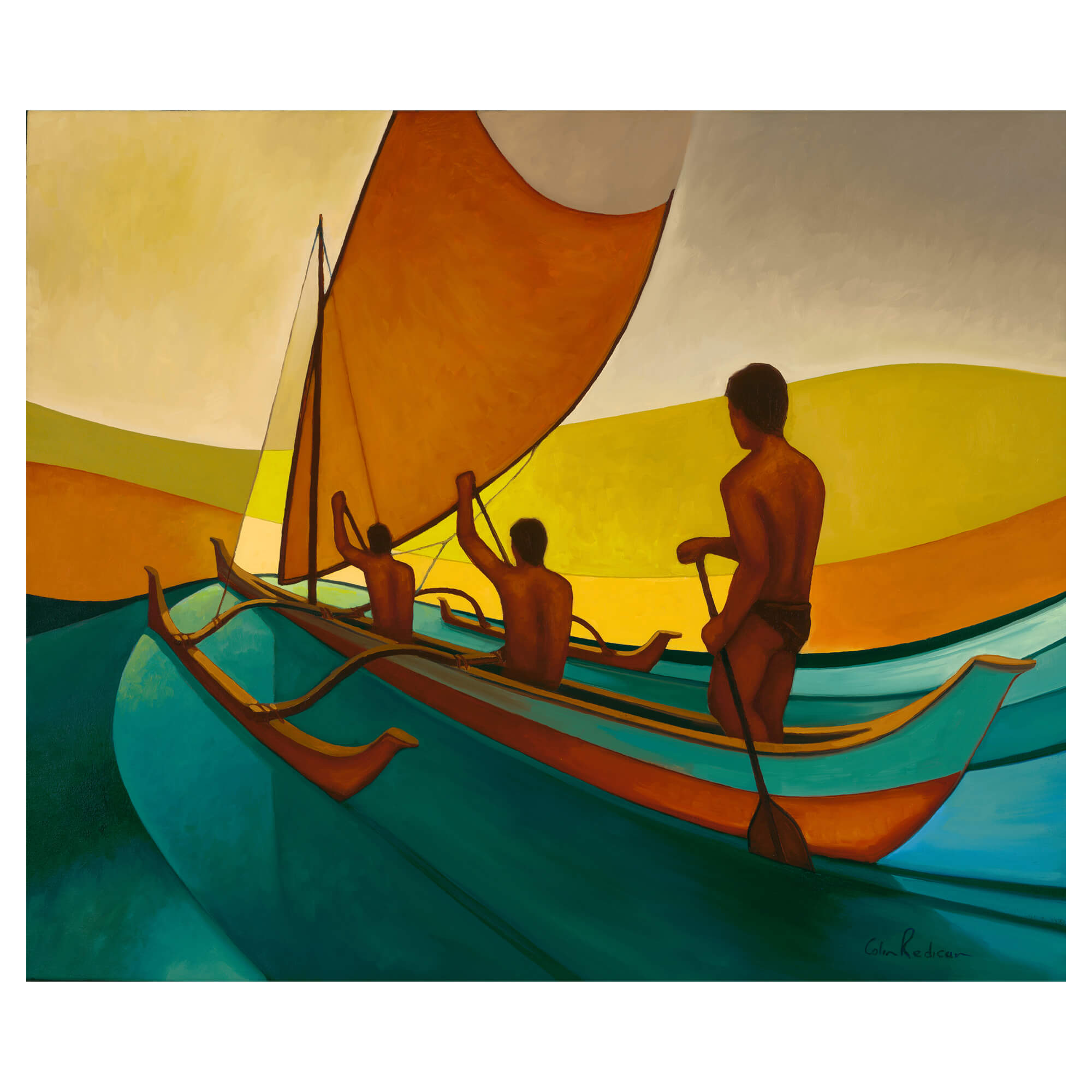 Men in a canoe under a yellow hued sky by Hawaii artist Colin Redican