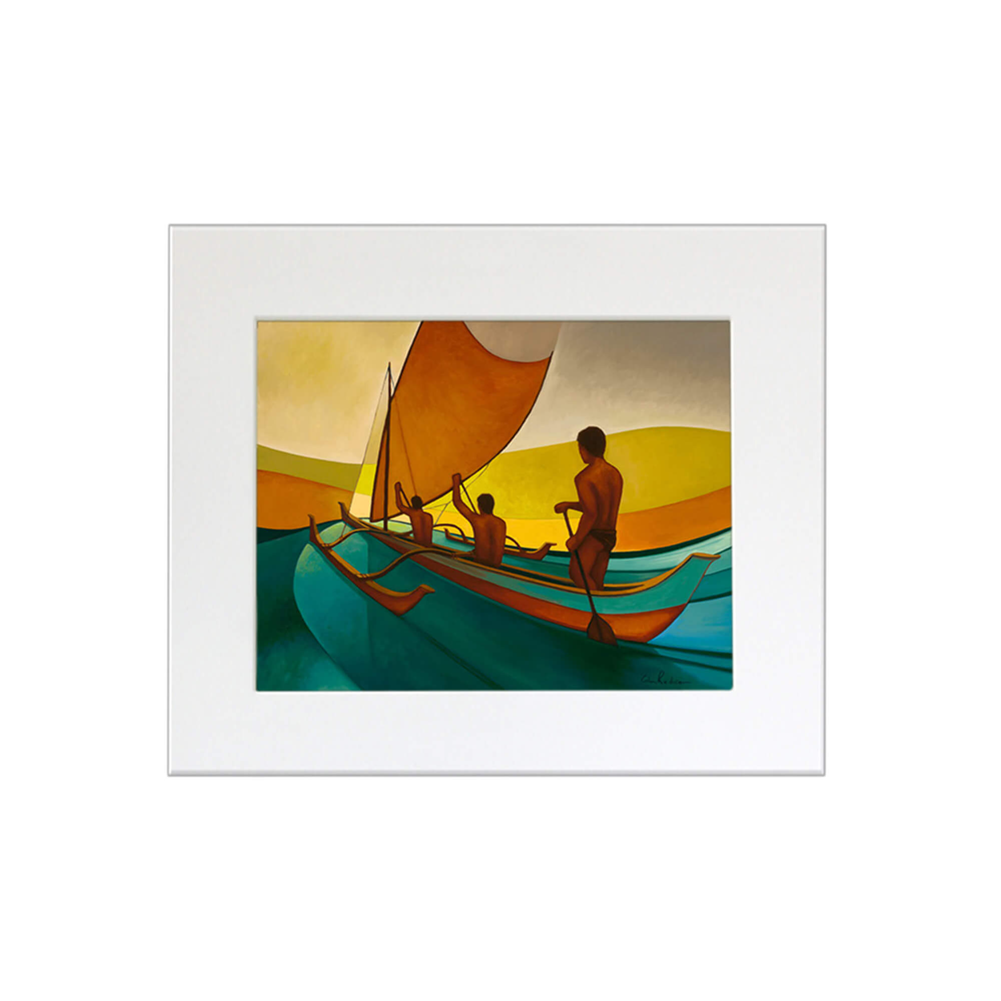 Men paddling in a canoe by Hawaii artist Colin Redican