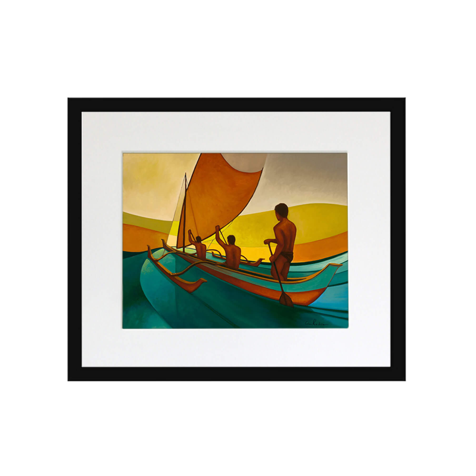Men in a boat towards the horizon by Hawaii artist Colin Redican