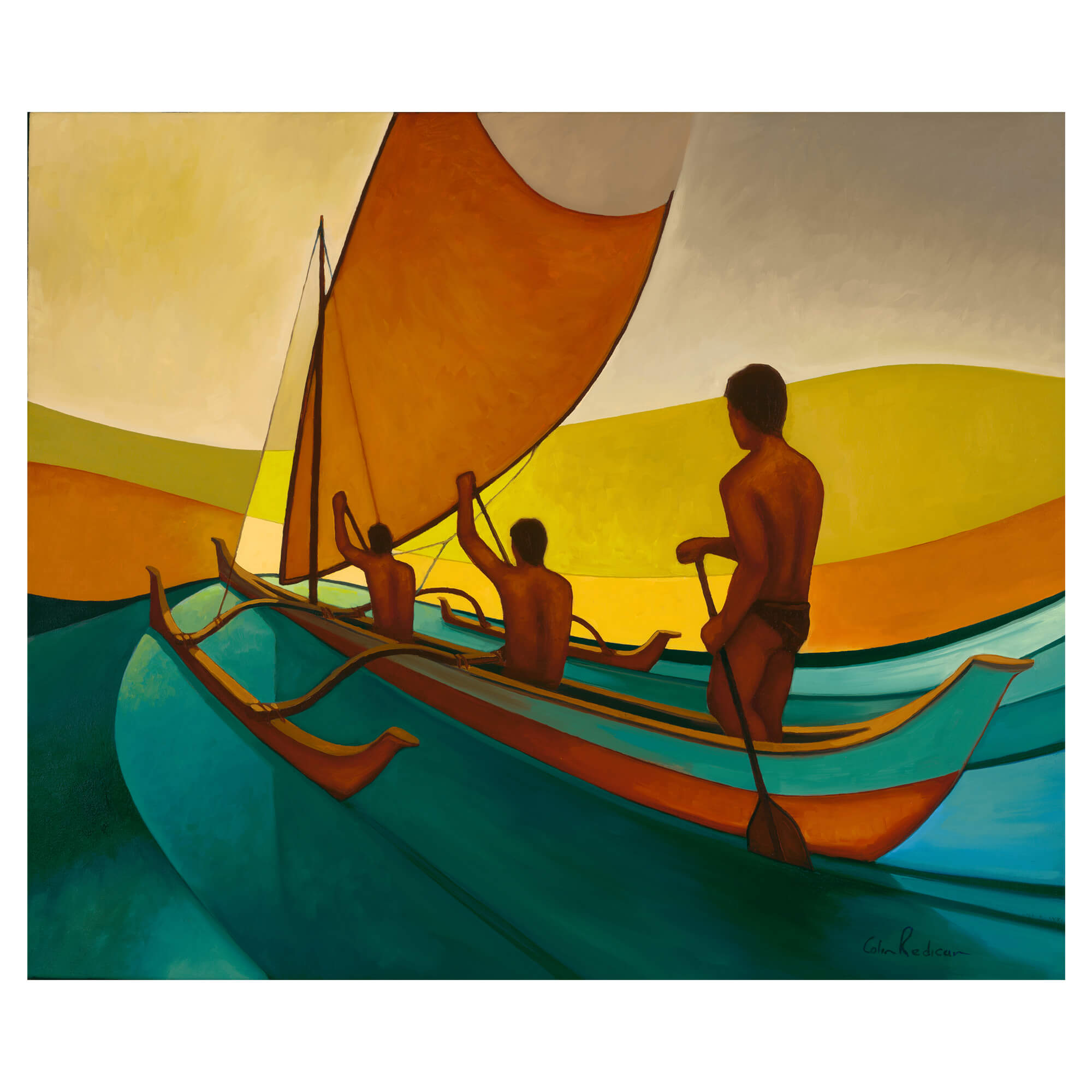An abstract depiction of men on a voyage by Hawaii artist Colin Redican