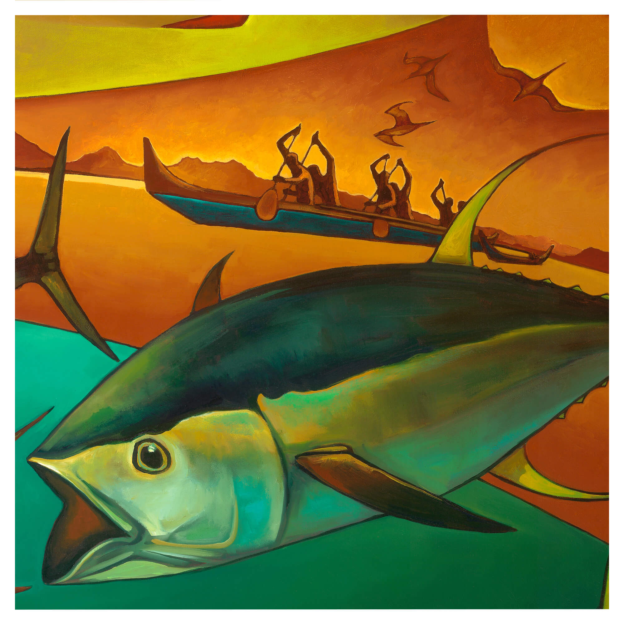 A large tuna fish, flying birds and men paddling in a boat by Hawaii artist Colin redican