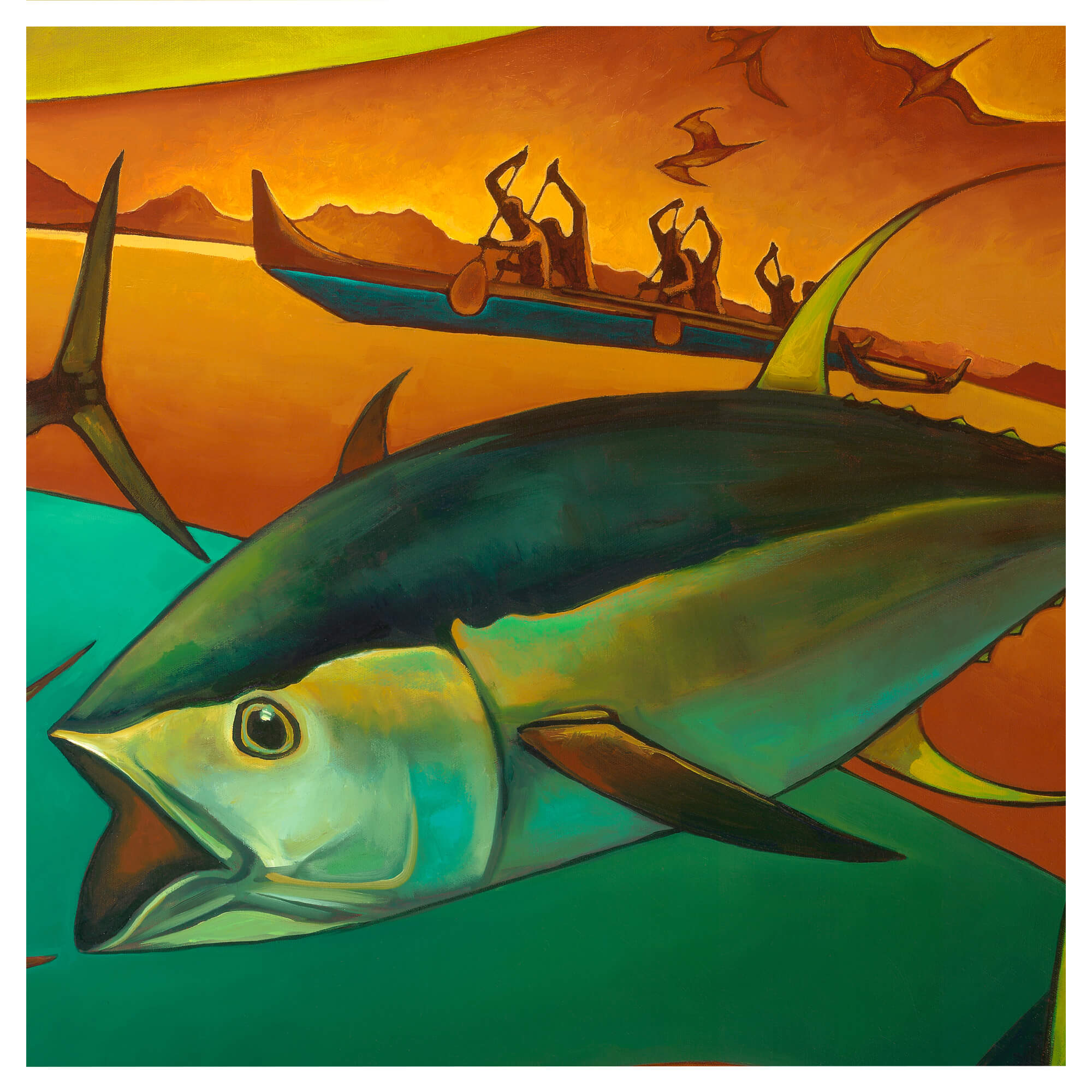 A large tuba fish and men in a boat by Hawaii artist Colin Redican