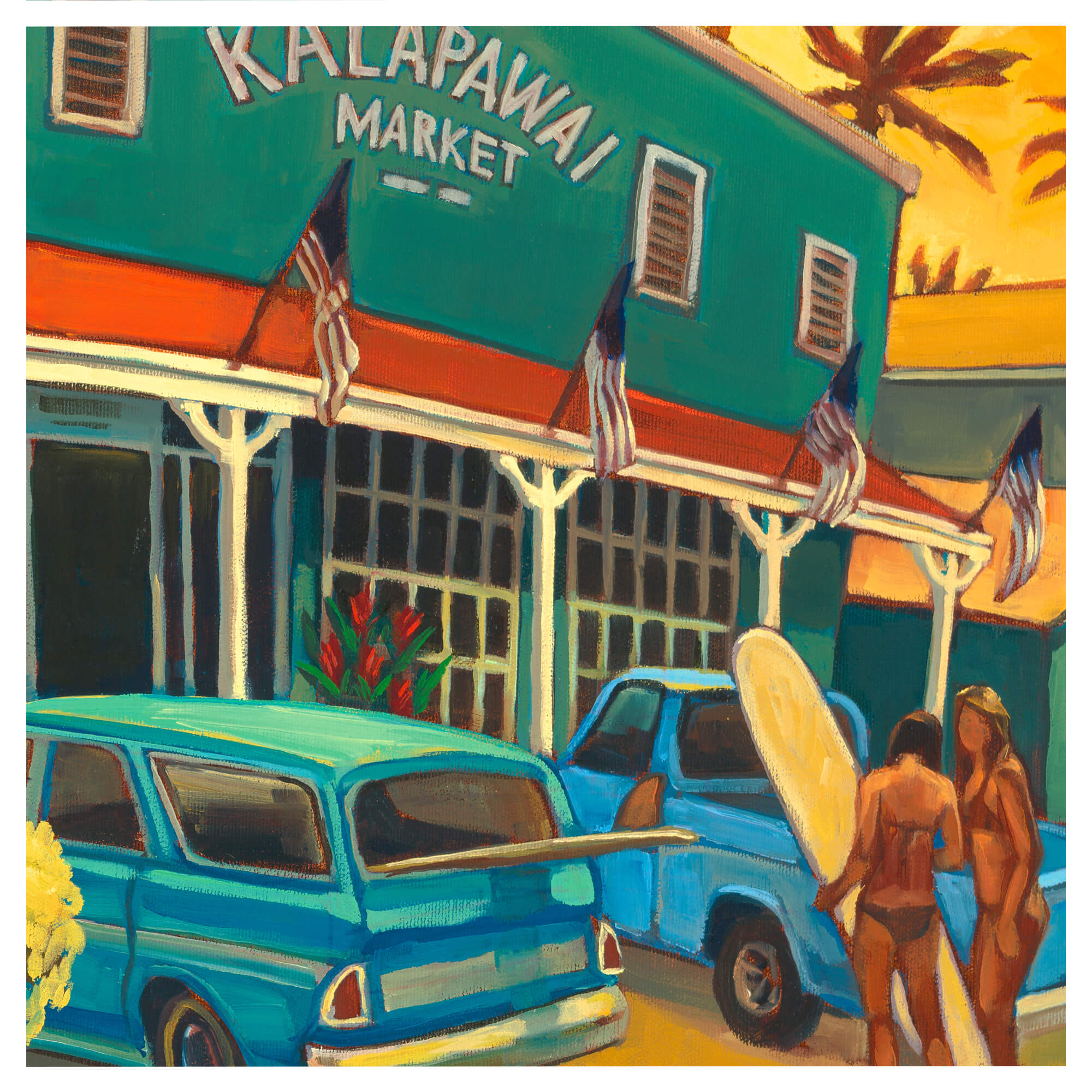 Famous landmark with cars and surfers by Hawaii artist Colin Redican 