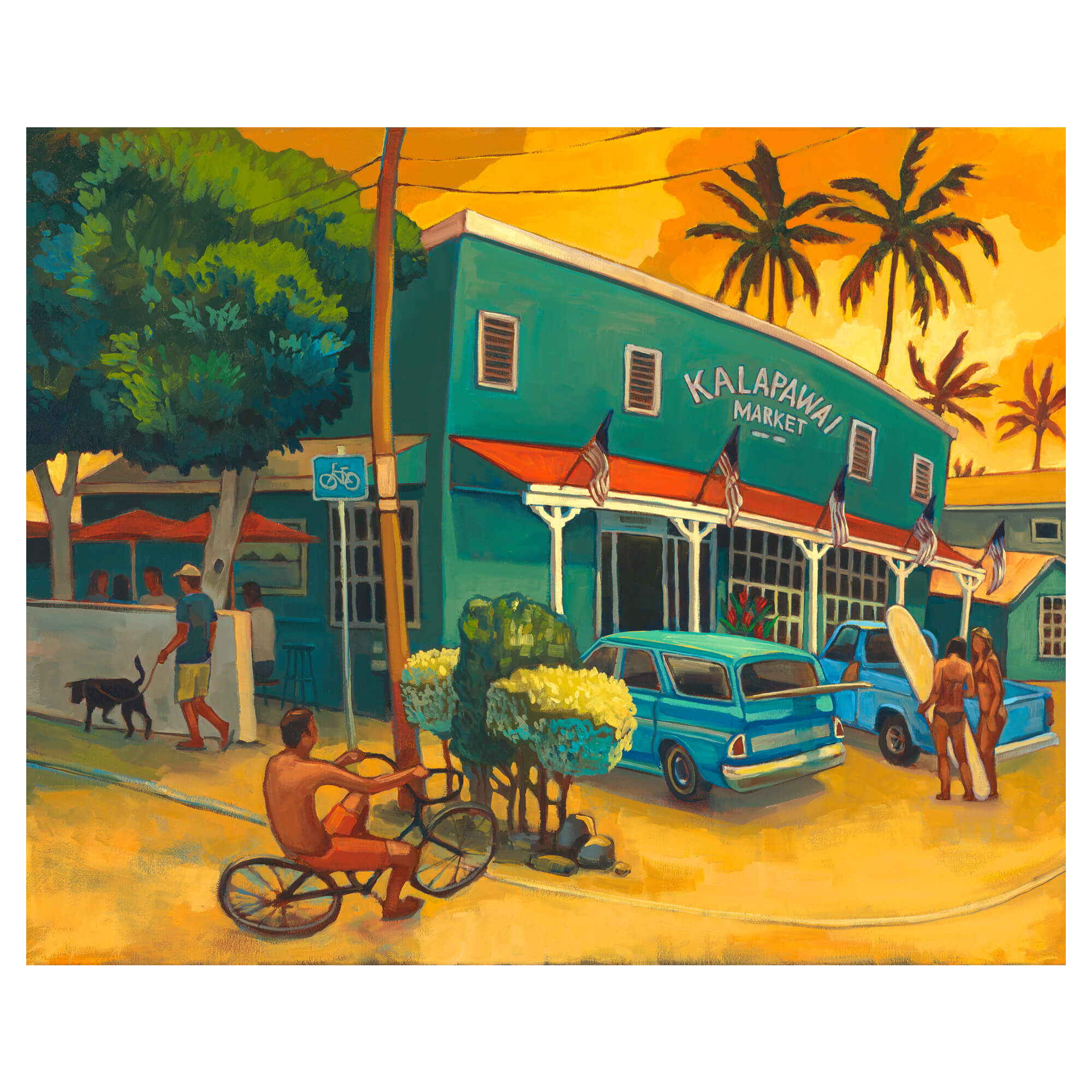 Kalapawai market with surfers and a man on a bike by Hawaii artist Colin Redican
