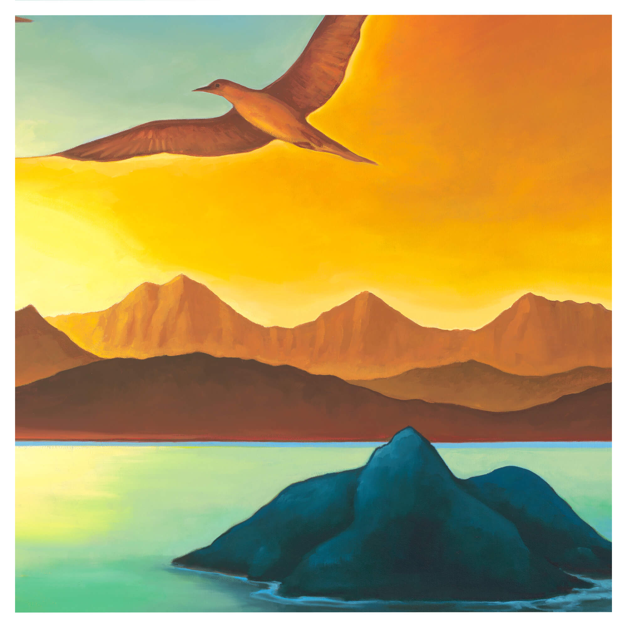 A bird and a tropical island background by Hawaii artist Colin Redican