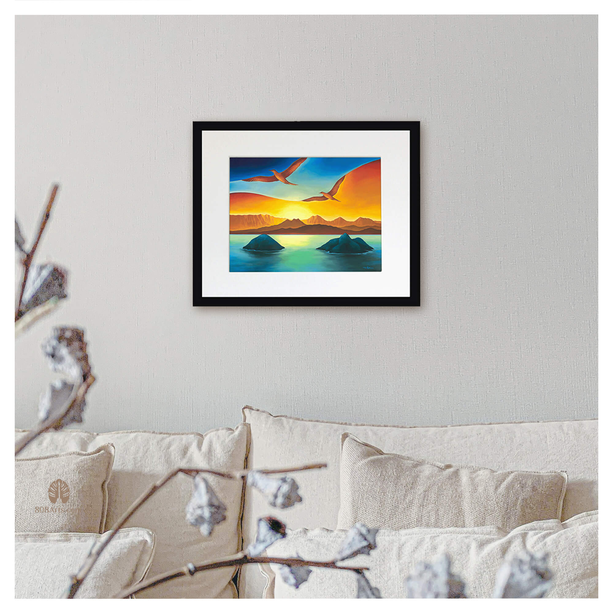 A sunset behind a tropical island by Hawaii artist Colin Redican