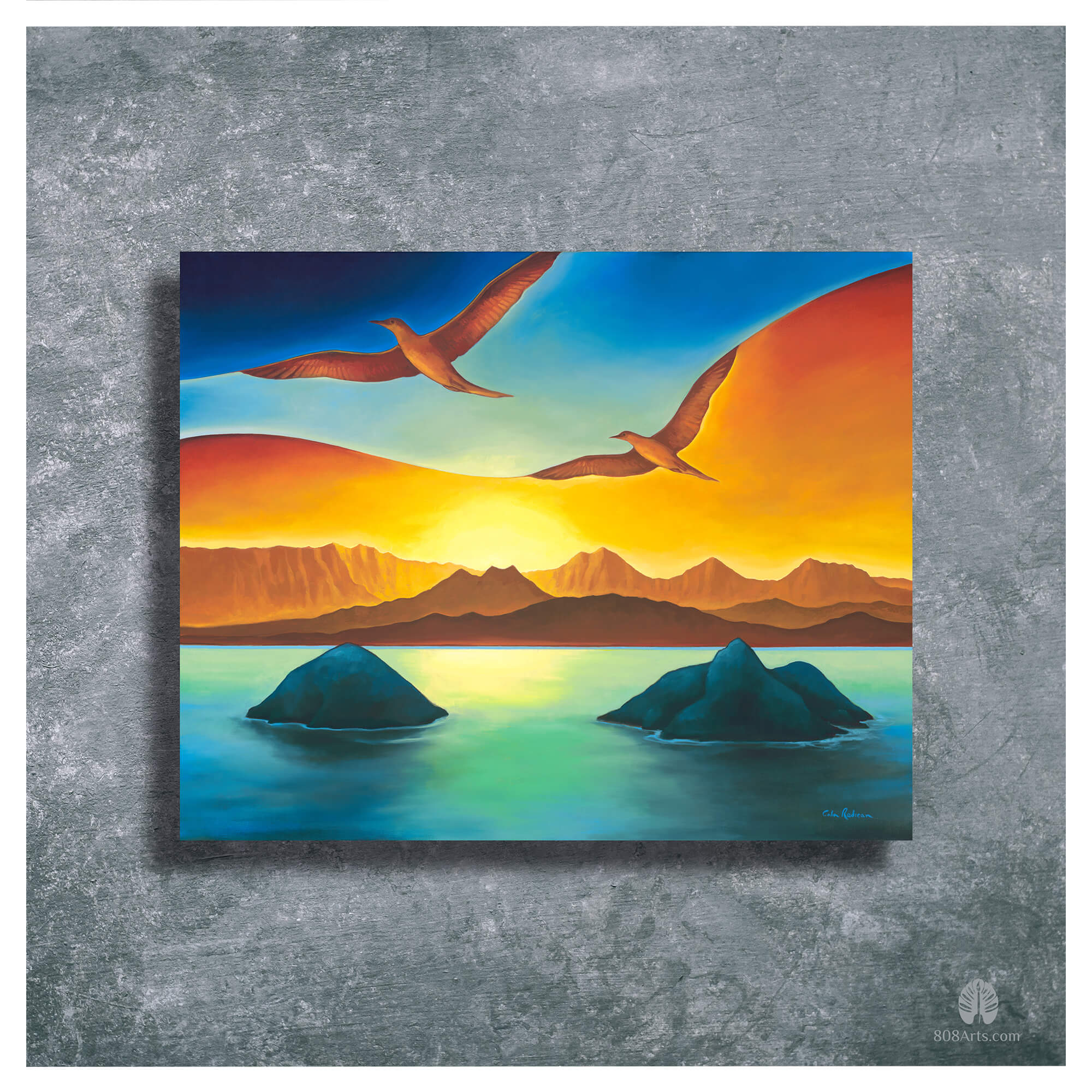 Two birds flying as the sun sets in the background by Hawaii artist Colin Redican