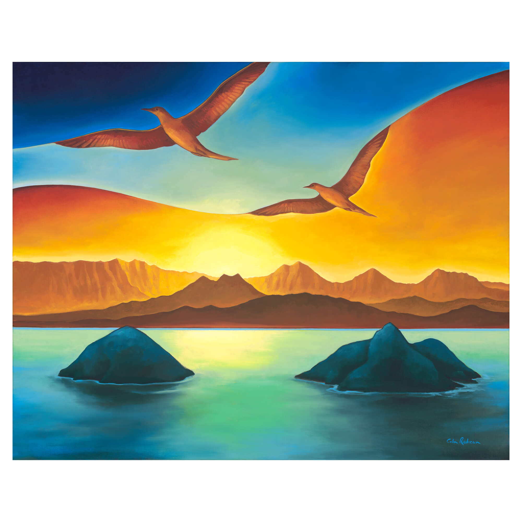 A large tropical island with some flying birds by Hawaii artist Colin Redican