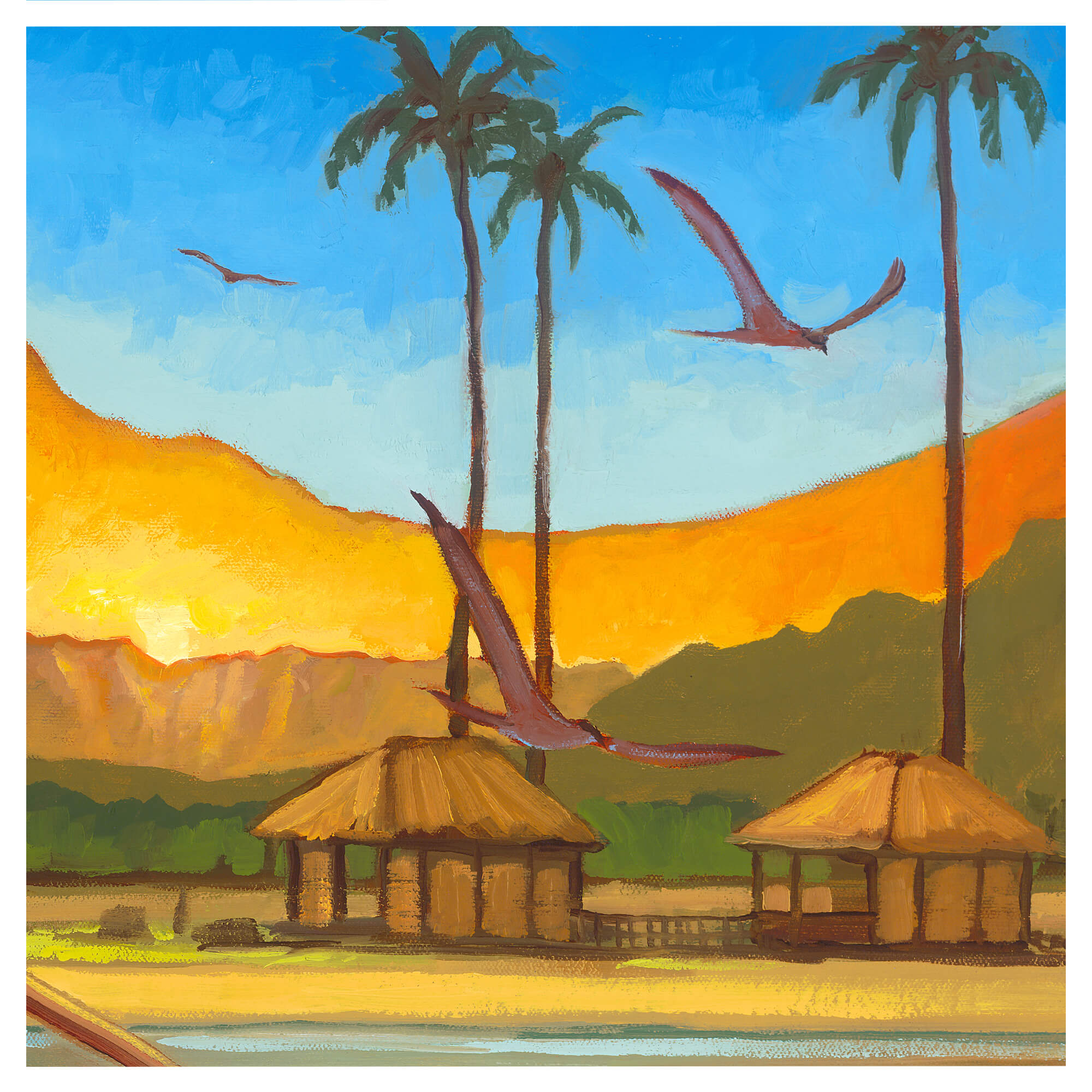Birds above a tropical island with huts by Hawaii artist Colin Redican