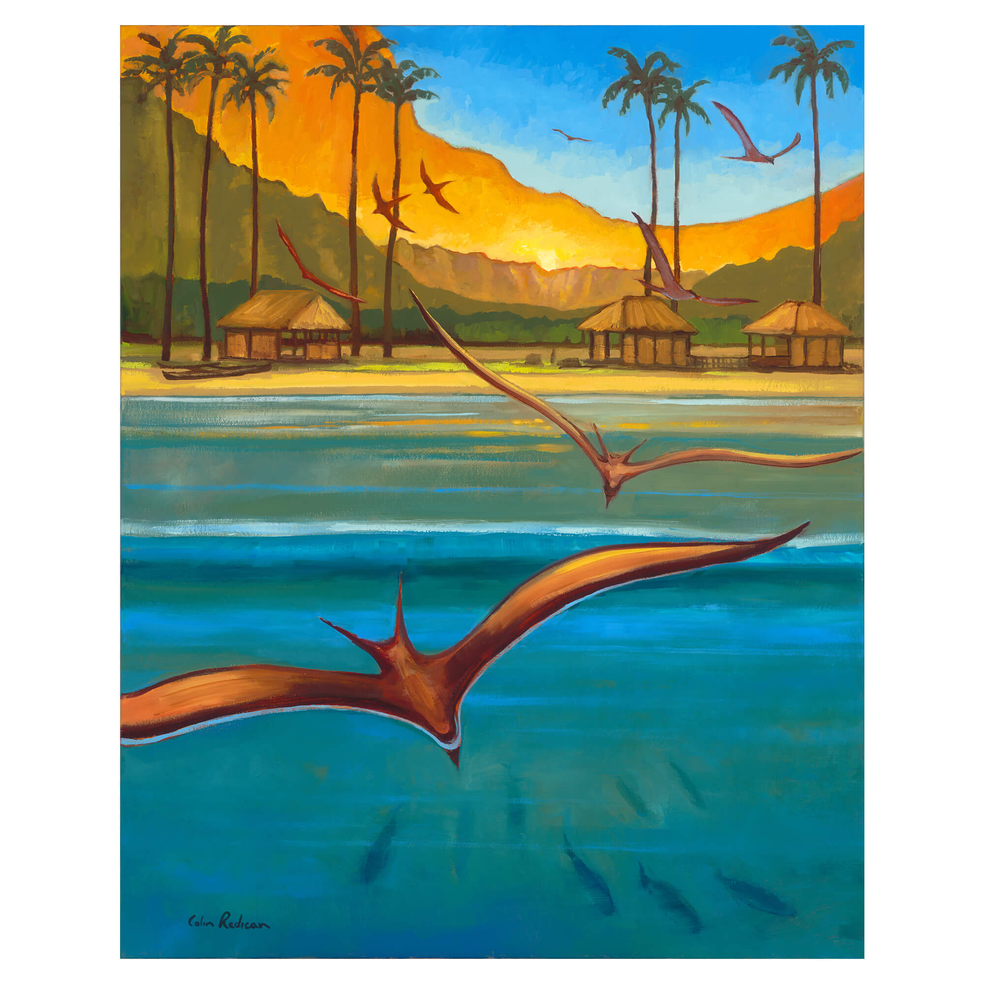 An island with huts and birds flying across the ocean by Hawaii artist Colin Redican