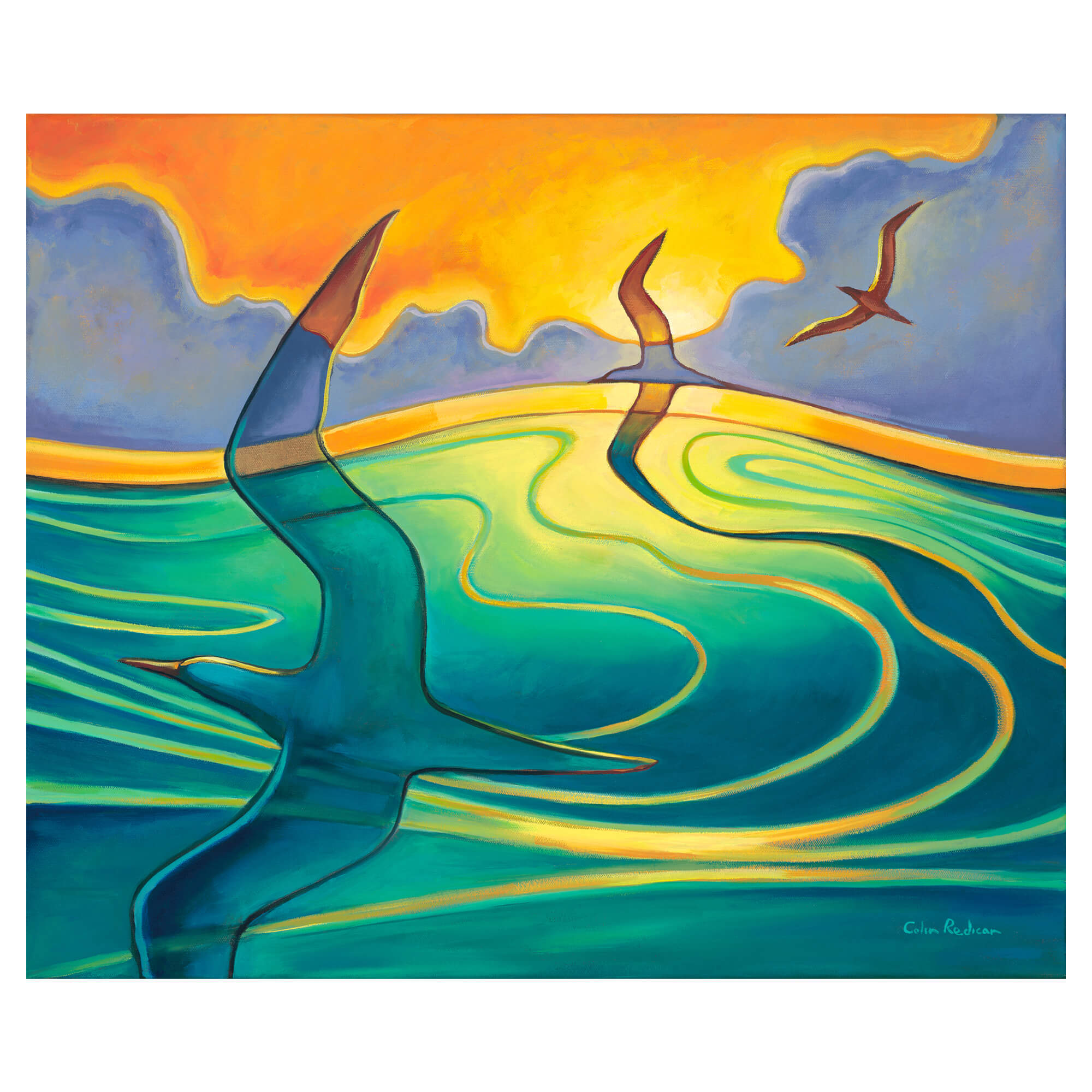 Teal-hued sky with flying birds by Hawaii artist Colin Redican