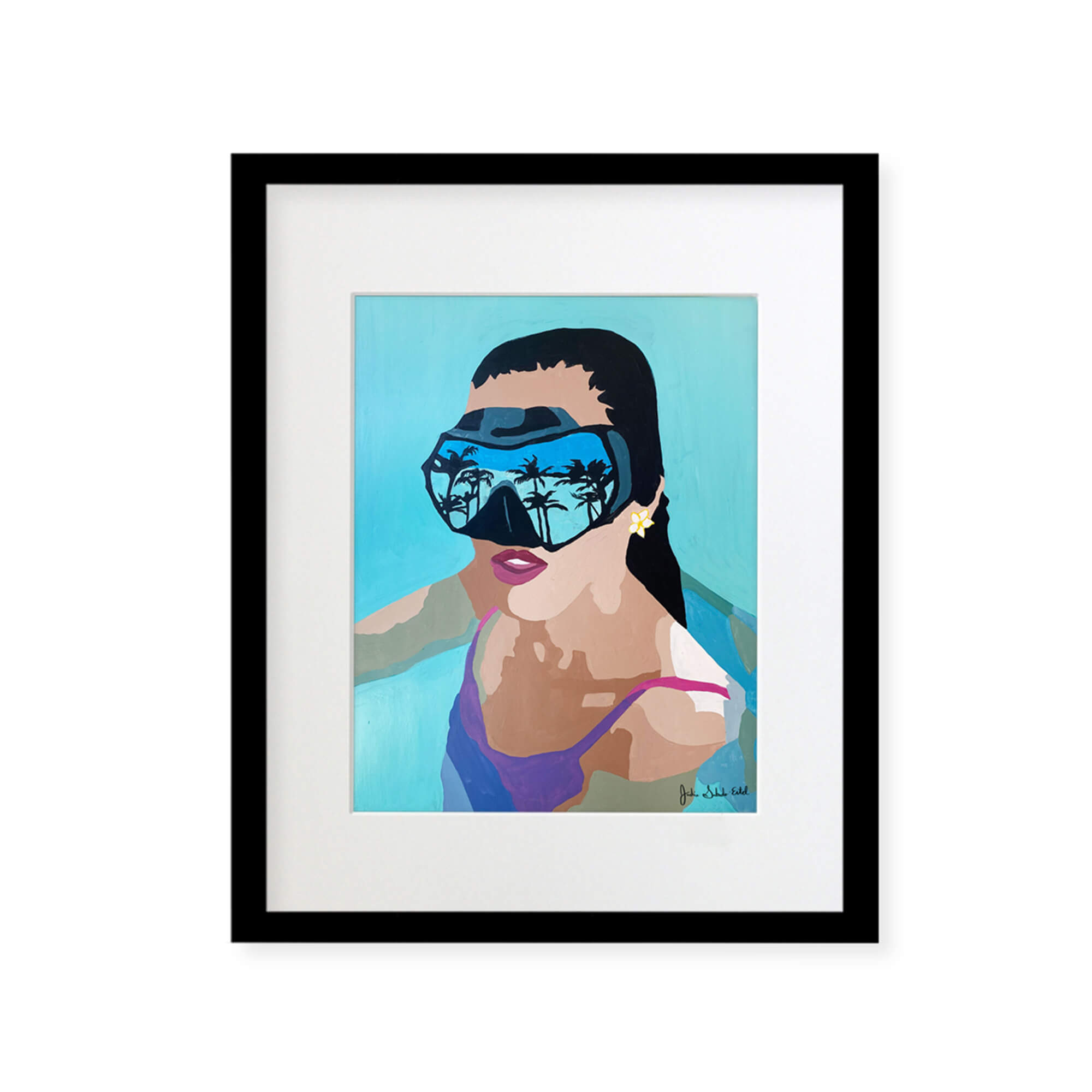 A framed matted art print featuring a portrait of a woman wearing goggles reflecting the tropical trees by Hawaii artist Jackie Eitel