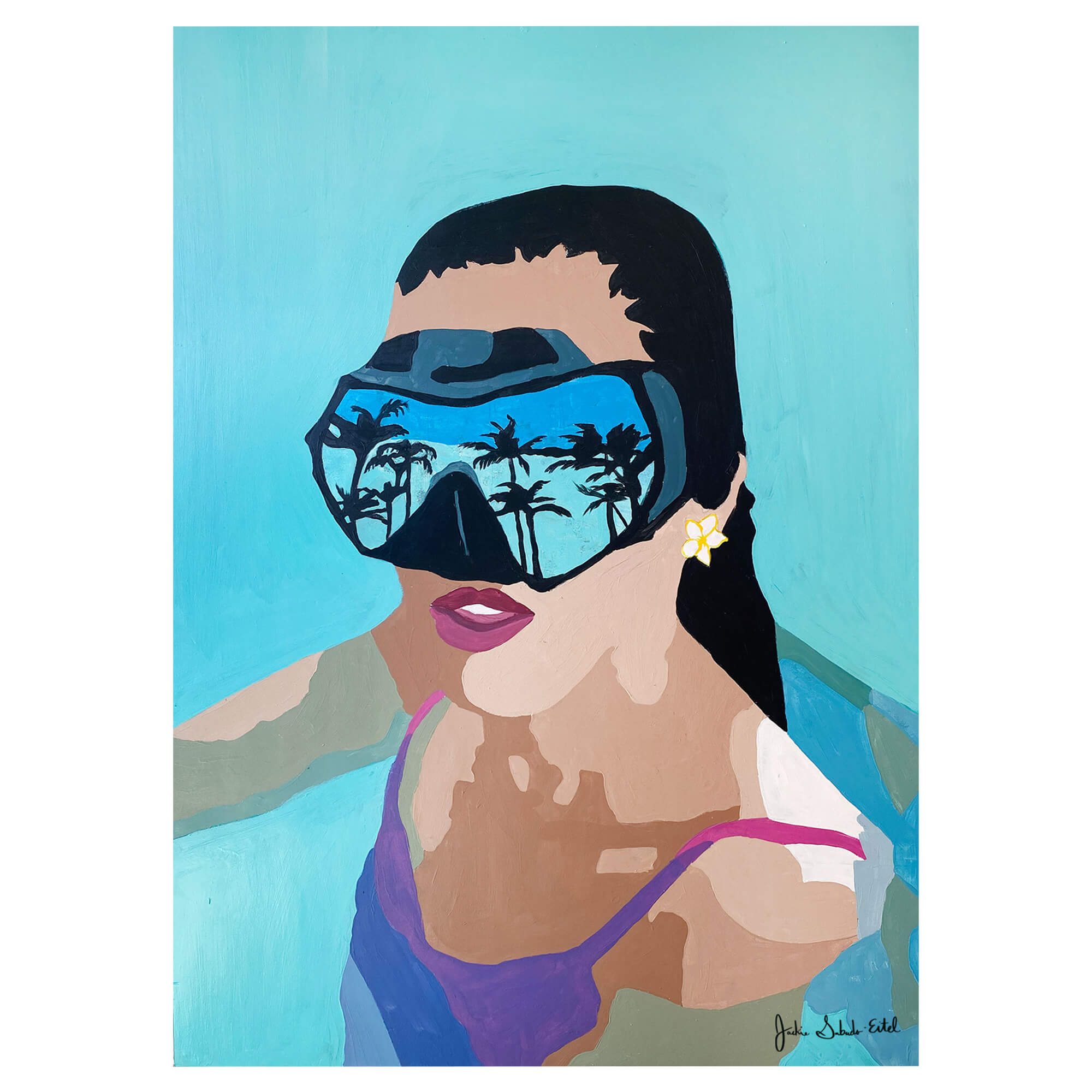 A matted art print featuring a portrait of a woman wearing goggles reflecting the tropical trees by Hawaii artist Jackie Eitel