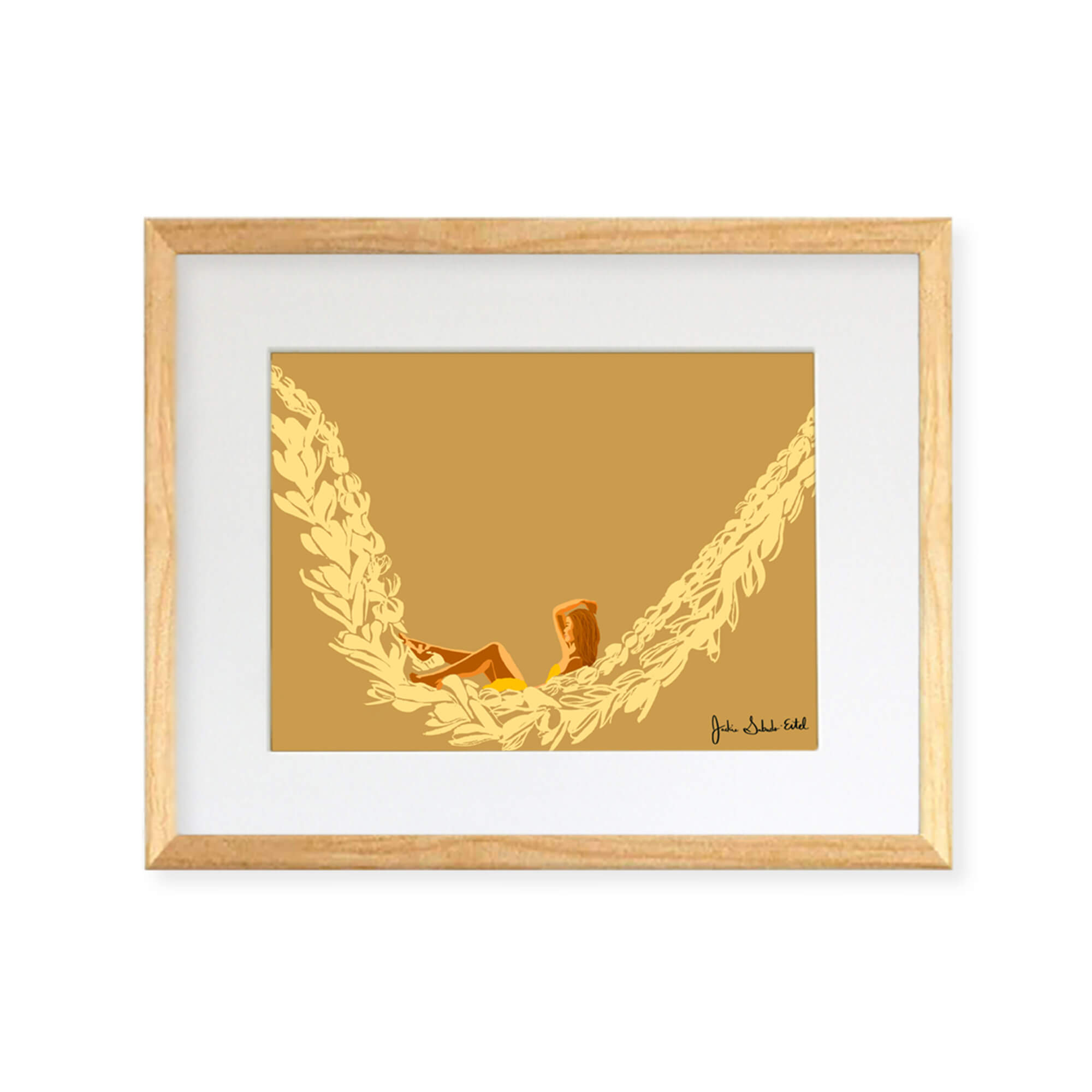 A framed matted art print featuring a woman relaxing on a lei hammock by Hawaii artist Jackie Eitel