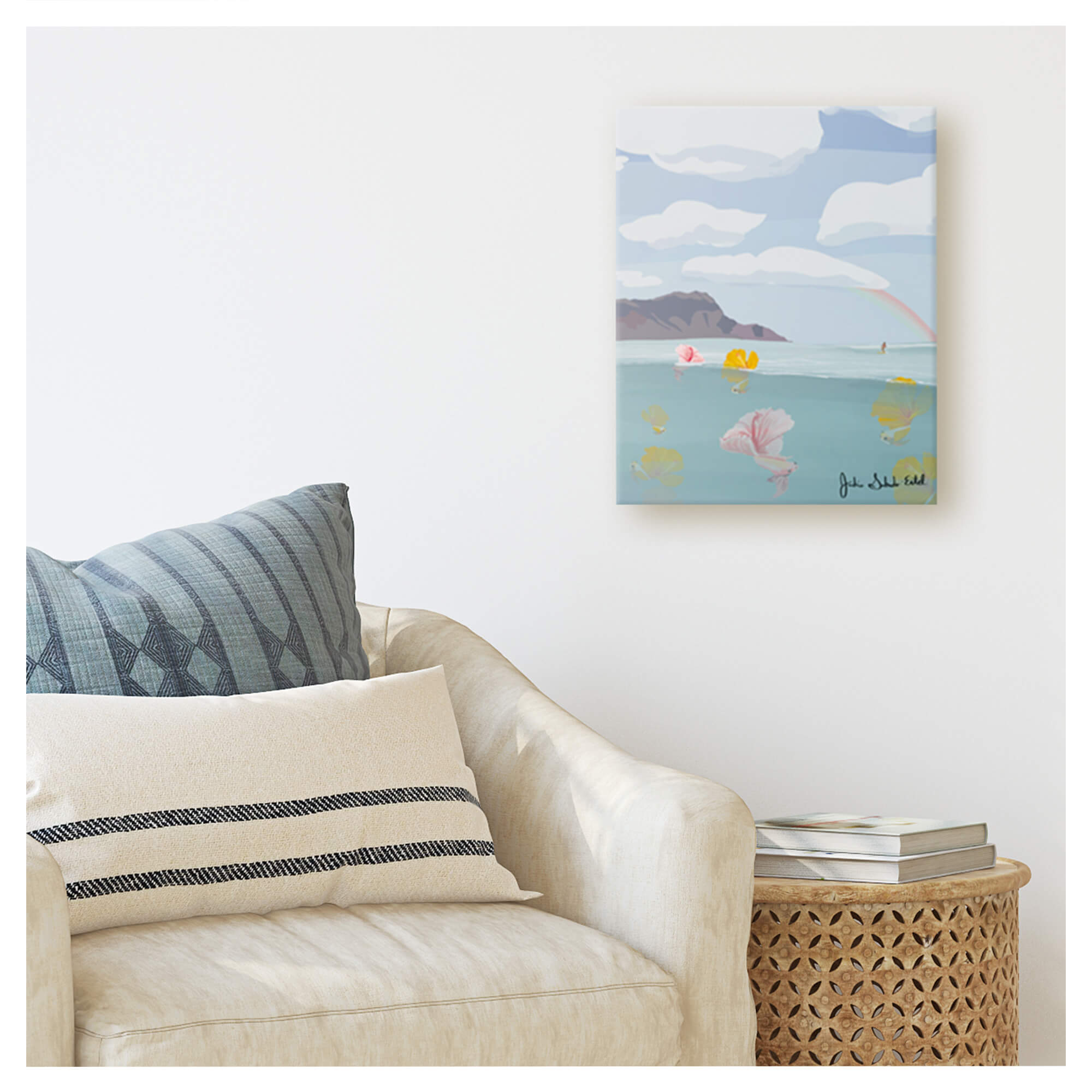 A canvas giclée print featuring colorful tropical fish with hibiscus flowers as their tails, the Diamond Head in the background with a woman surfing by Hawaii artist Jackie Eitel