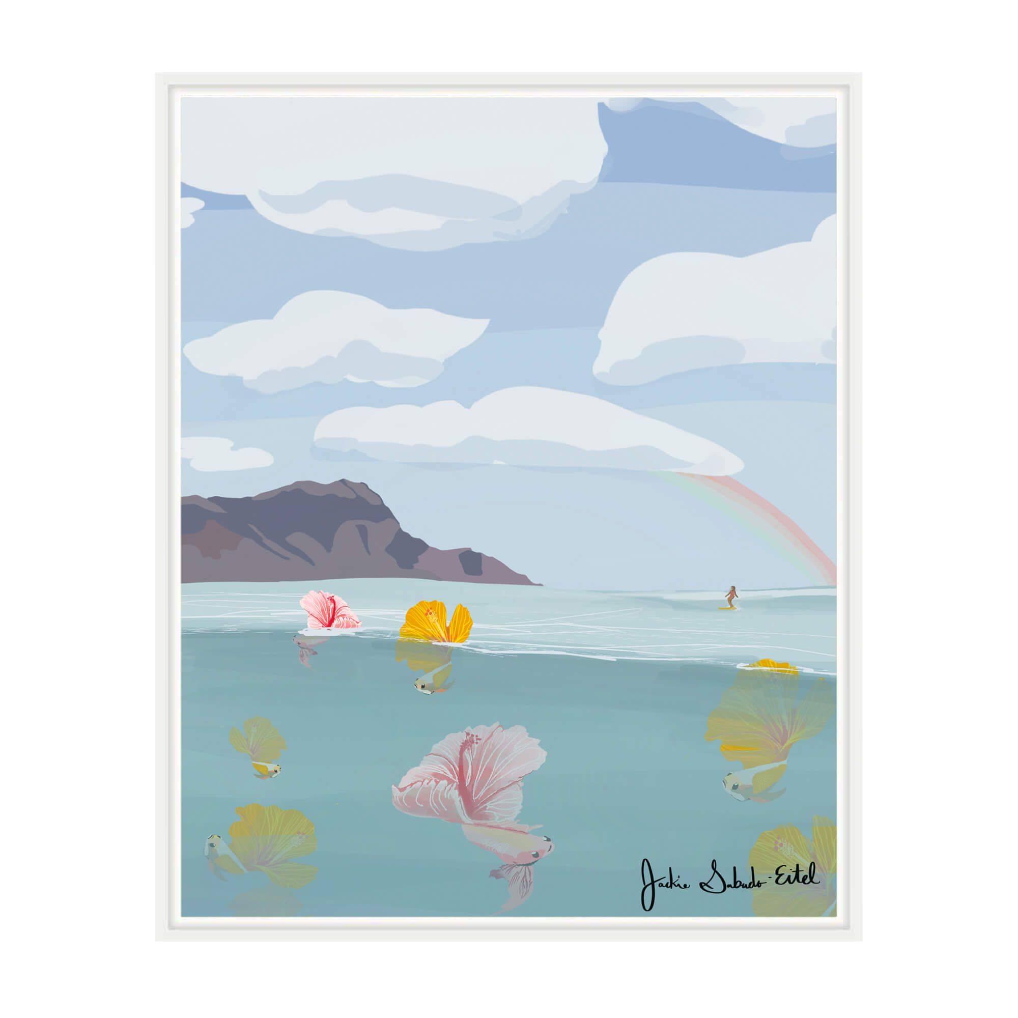A framed canvas giclée print featuring colorful tropical fish with hibiscus flowers as their tails, the Diamond Head in the background with a woman surfing by Hawaii artist Jackie Eitel