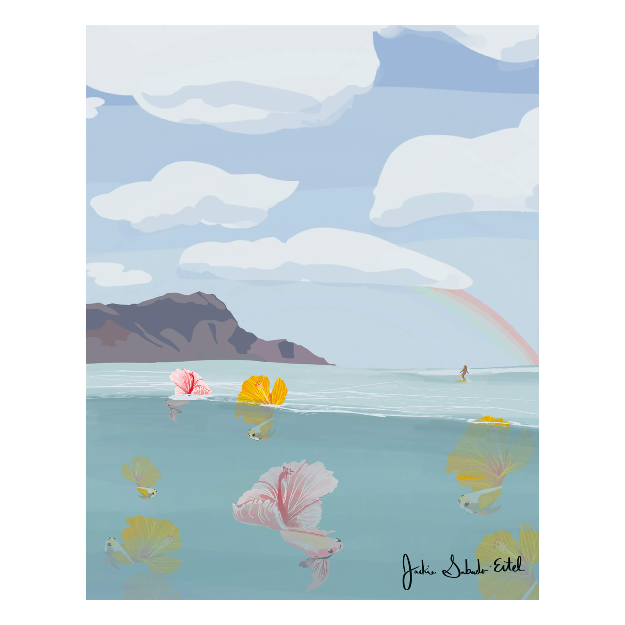 A canvas giclée print featuring colorful tropical fish with hibiscus flowers as their tails, the Diamond Head in the background with a woman surfing by Hawaii artist Jackie Eitel