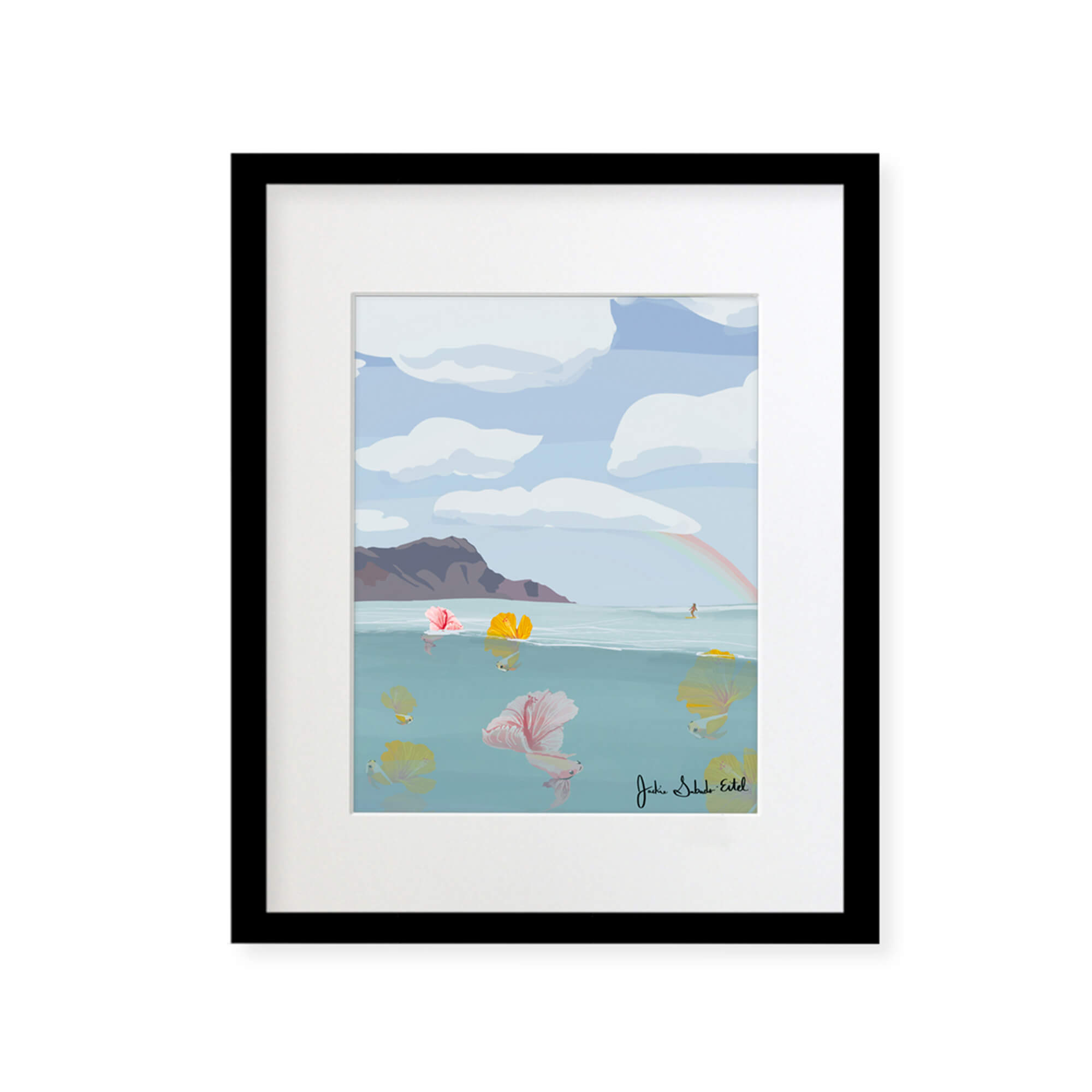 A framed matted art print featuring colorful tropical fish with hibiscus flowers as their tails, the Diamond Head in the background with a woman surfing by Hawaii artist Jackie Eitel