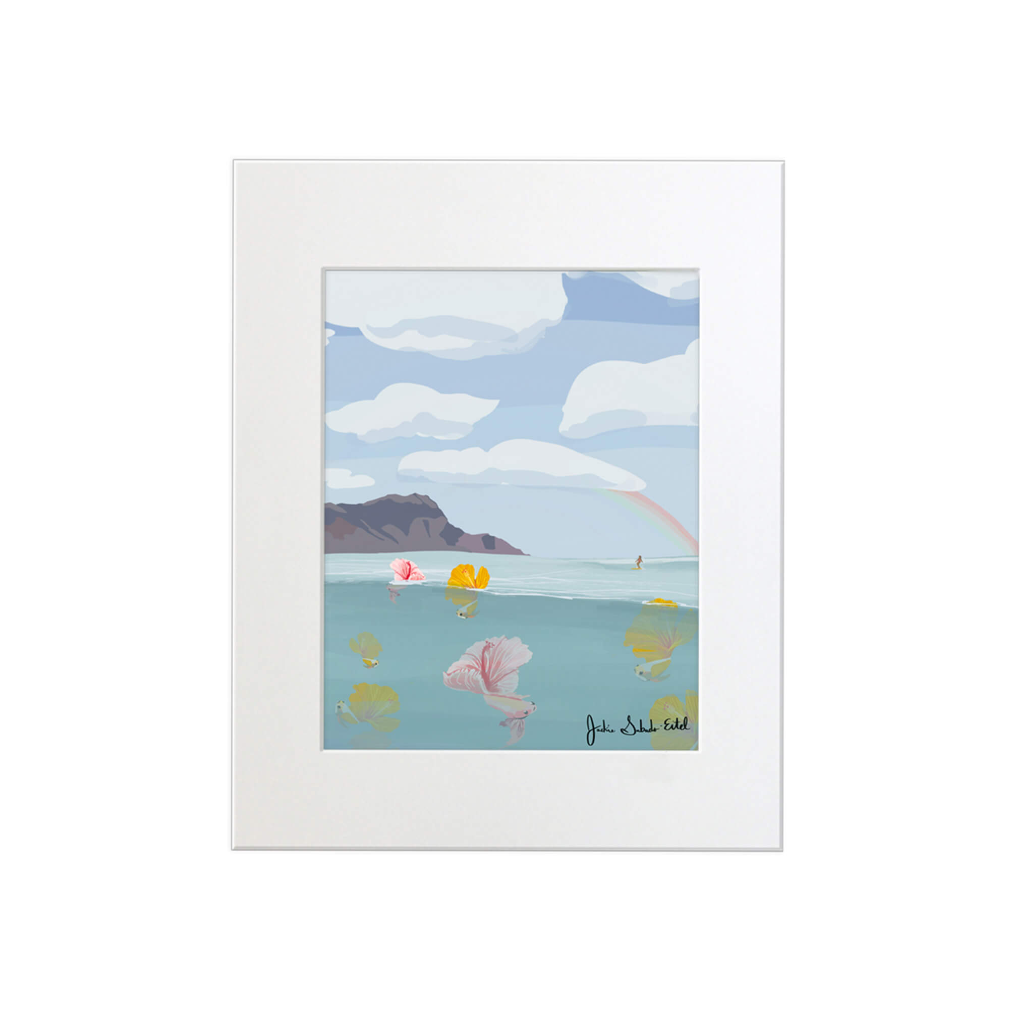 A matted art print featuring colorful tropical fish with hibiscus flowers as their tails, the Diamond Head in the background with a woman surfing by Hawaii artist Jackie Eitel