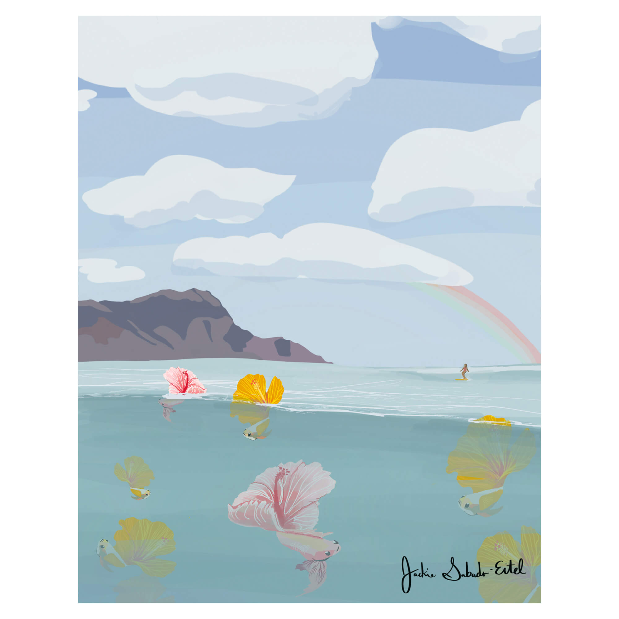 A matted art print featuring colorful tropical fish with hibiscus flowers as their tails, the Diamond Head in the background with a woman surfing by Hawaii artist Jackie Eitel