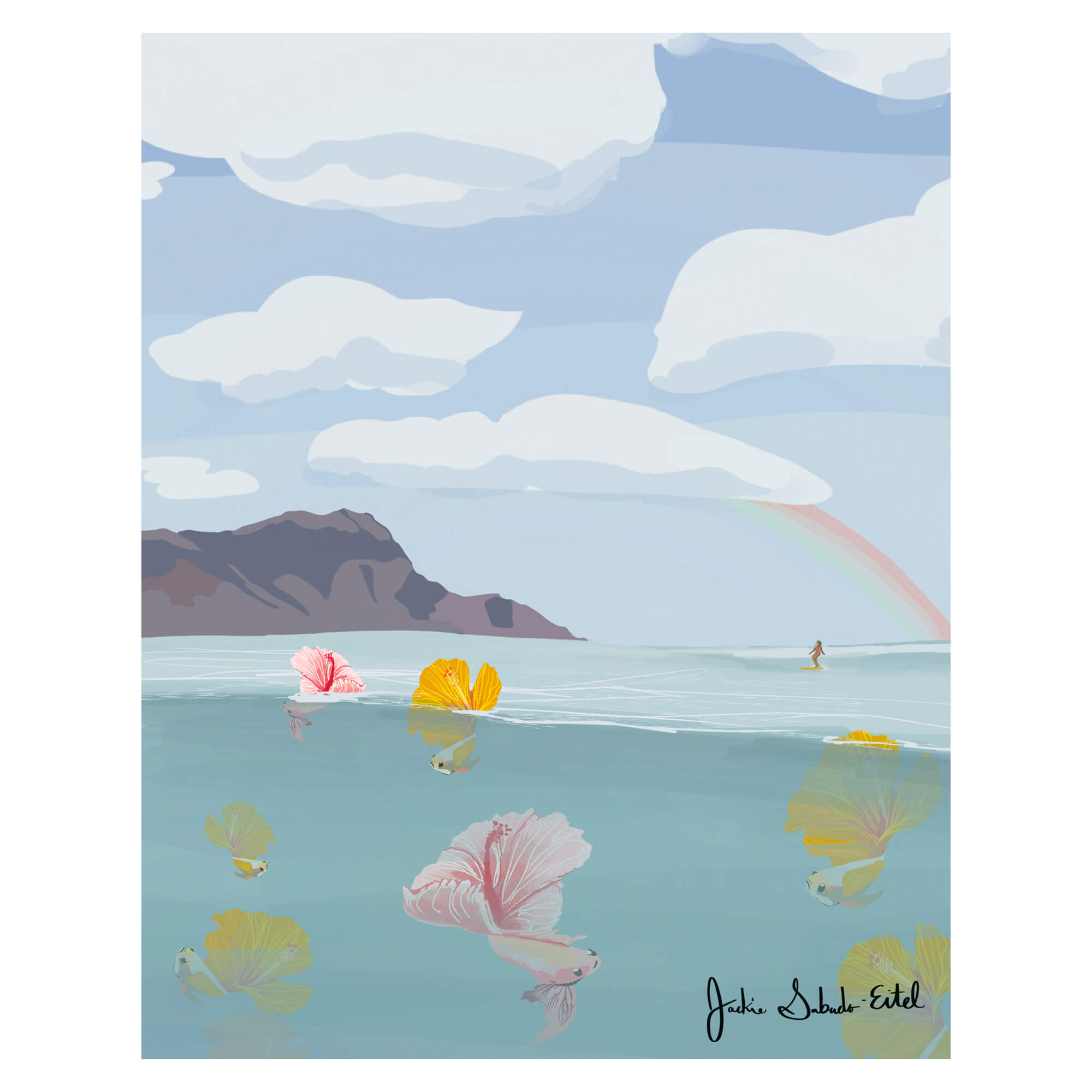 A wood print of colorful tropical fish with hibiscus flowers as their tails, the Diamond Head in the background with a woman surfing, printed on a birch wood panel by Hawaii artist Jackie Eitel