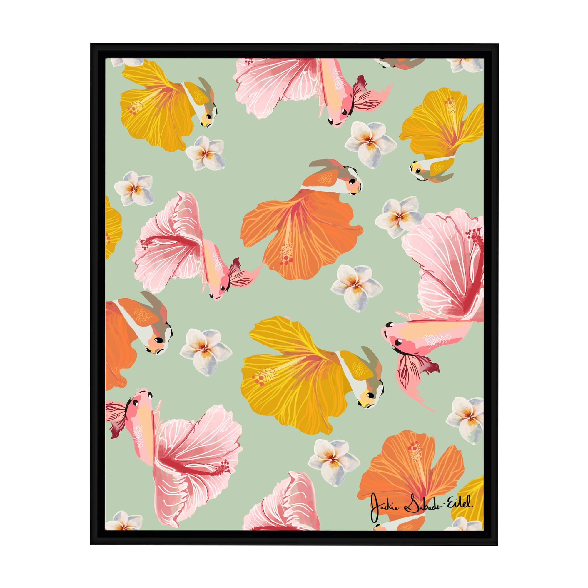 A framed canvas giclée print featuring colorful tropical fish with hibiscus flowers as tails and some beautiful plumerias by Hawaii artist Jackie Eitel