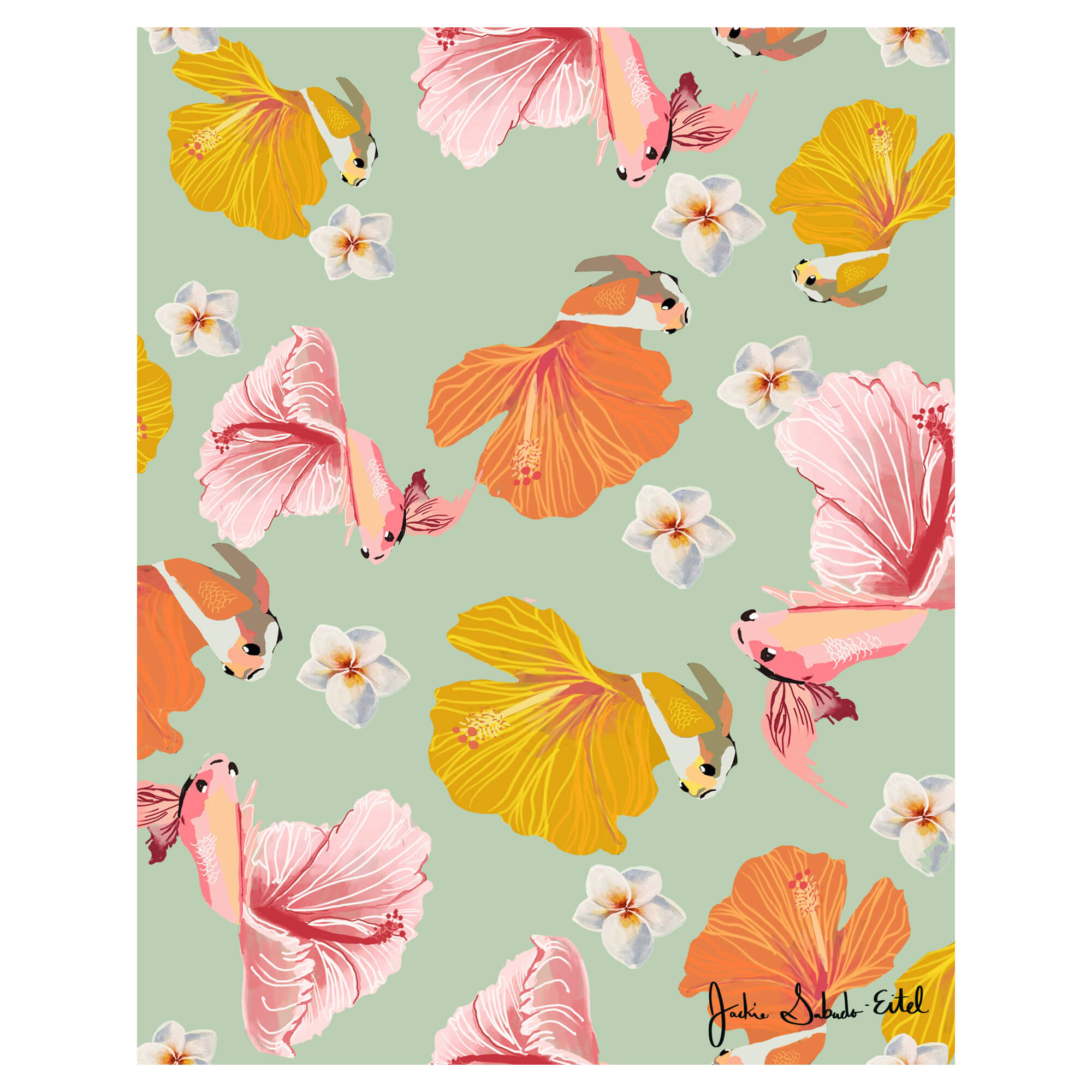 A canvas giclée print featuring colorful tropical fish with hibiscus flowers as tails and some beautiful plumerias by Hawaii artist Jackie Eitel