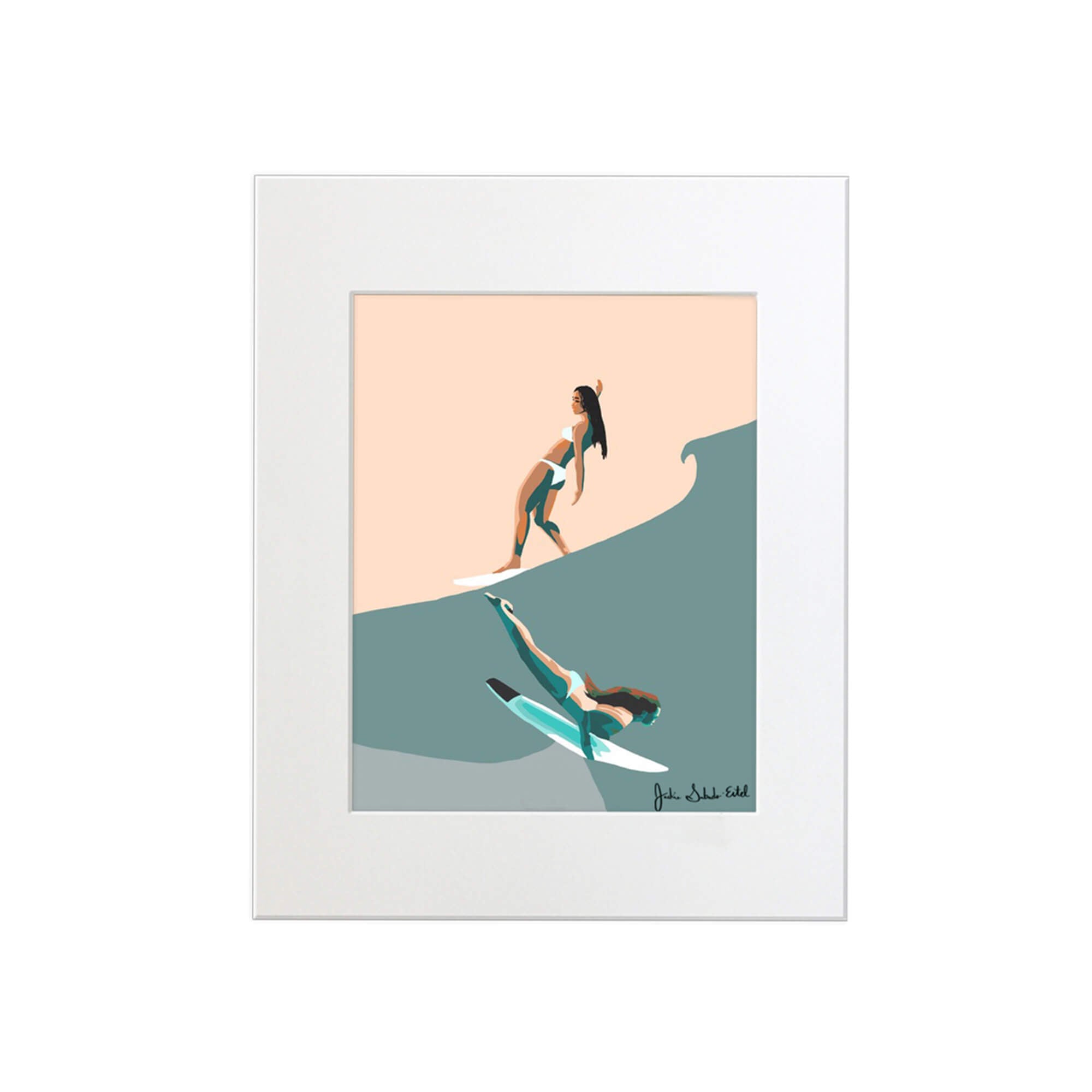 A matted art print featuring two female surfers, one riding the waves and the other just right beneath by Hawaii artist Jackie Eitel