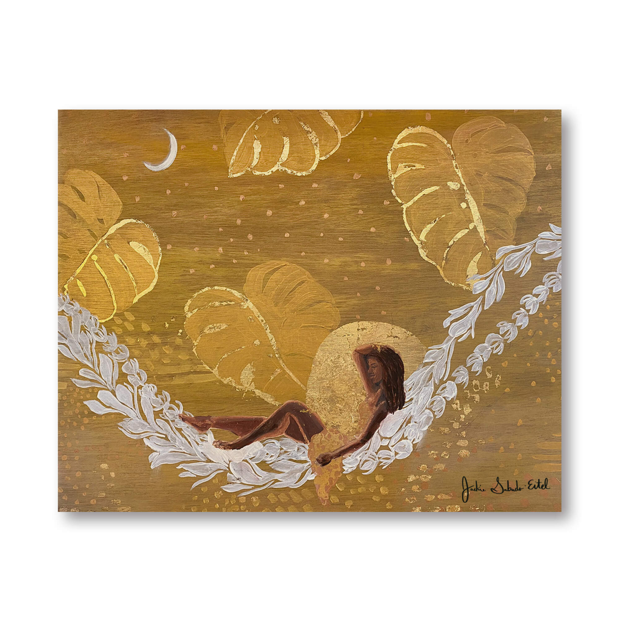 A wood print of a woman relaxing on a lei hammock with monstera leaves backdrop and some gold touchups by Hawaii artist Jackie Eitel