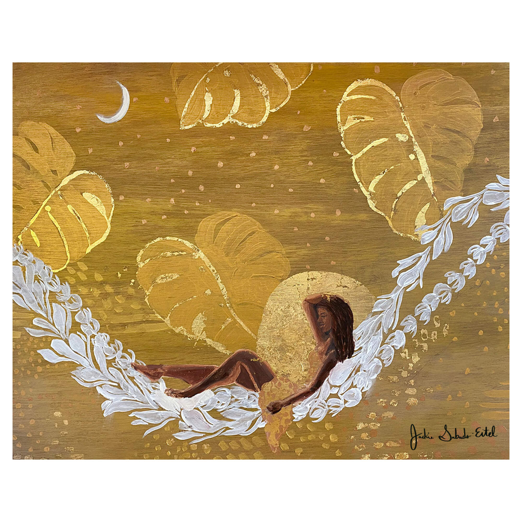 A wood print of a woman relaxing on a lei hammock with monstera leaves backdrop and some gold touchups by Hawaii artist Jackie Eitel