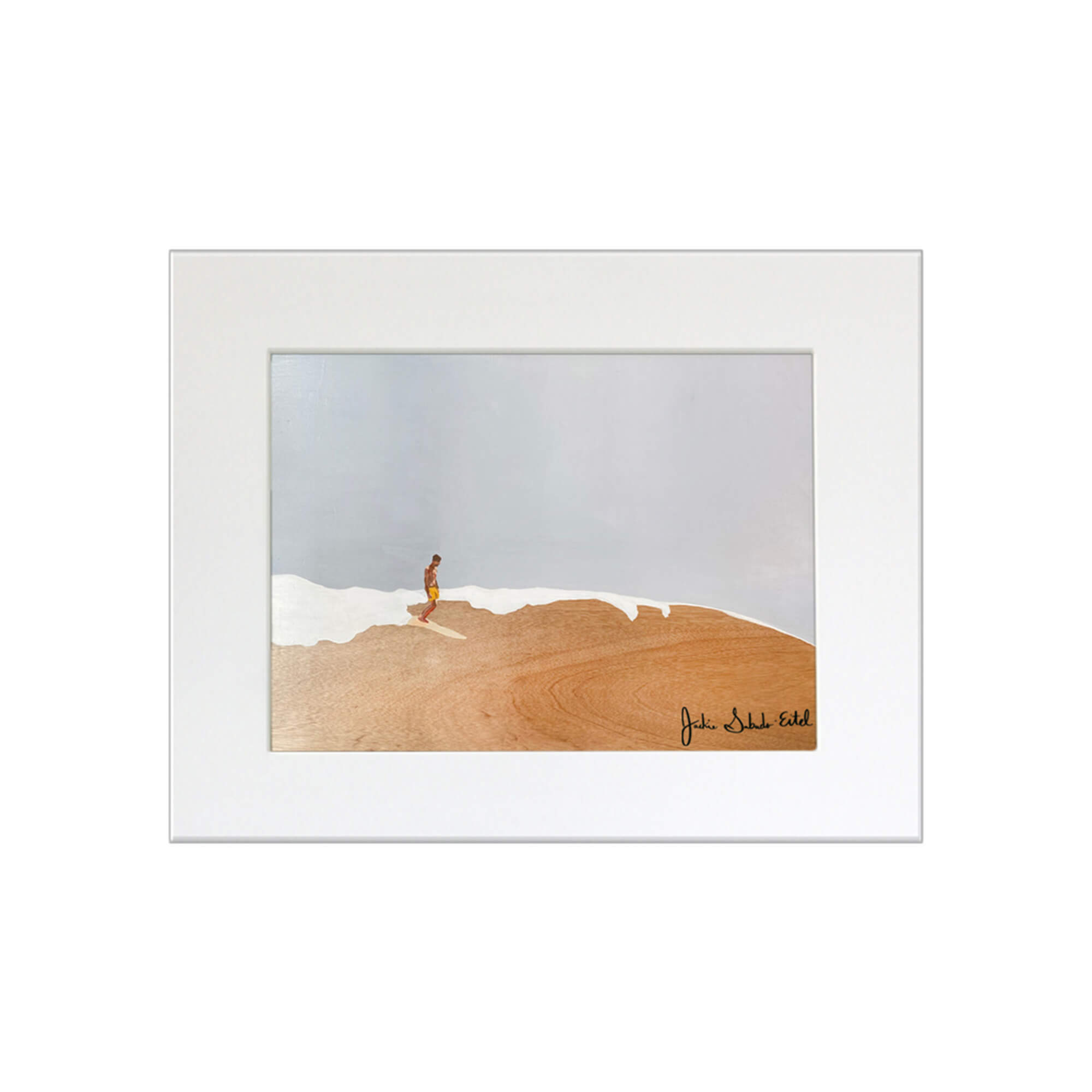 A matted art print featuring a man peacefully riding the epic waves of Hawaii by Hawaii artist Jackie Eitel