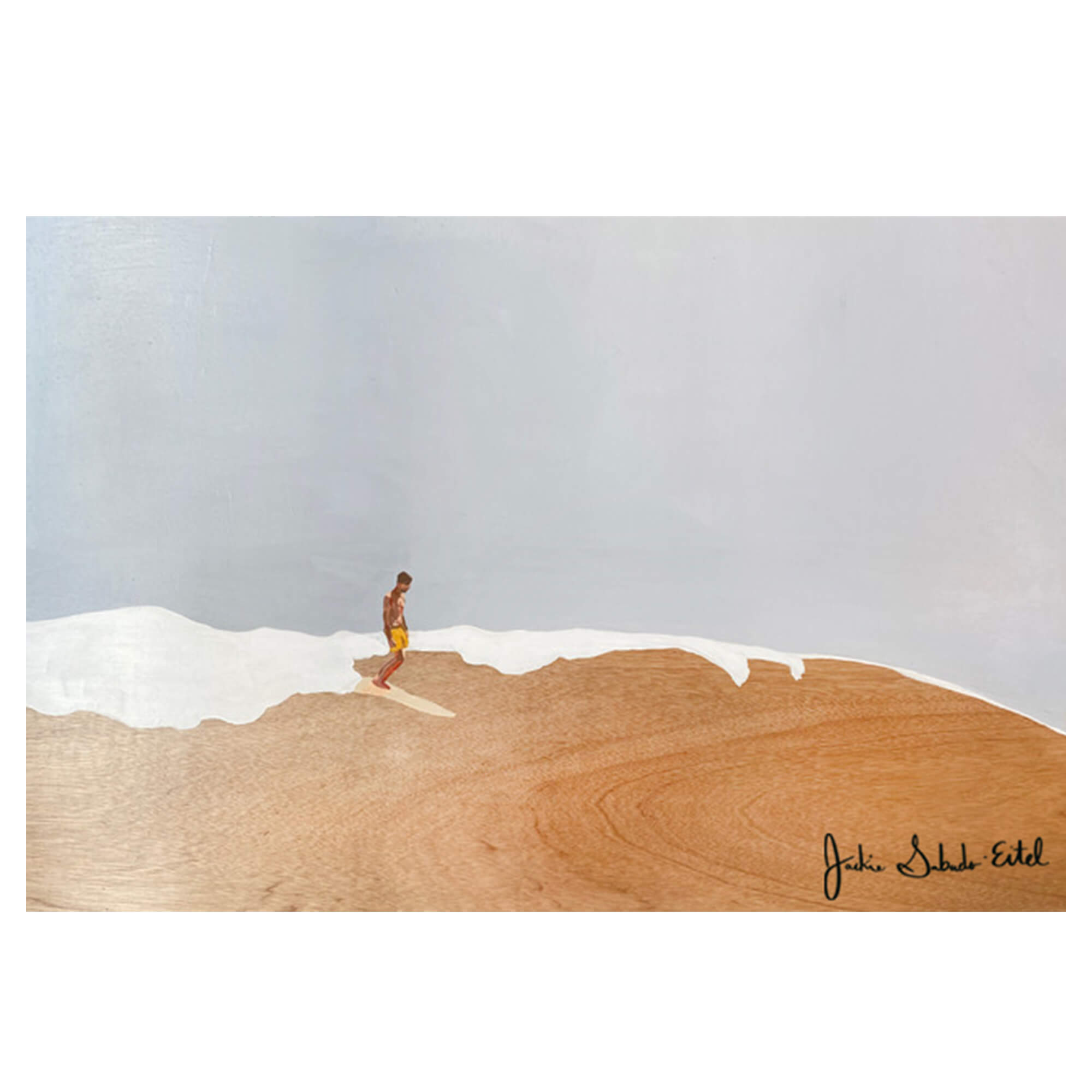 A matted art print featuring a man peacefully riding the epic waves of Hawaii by Hawaii artist Jackie Eitel