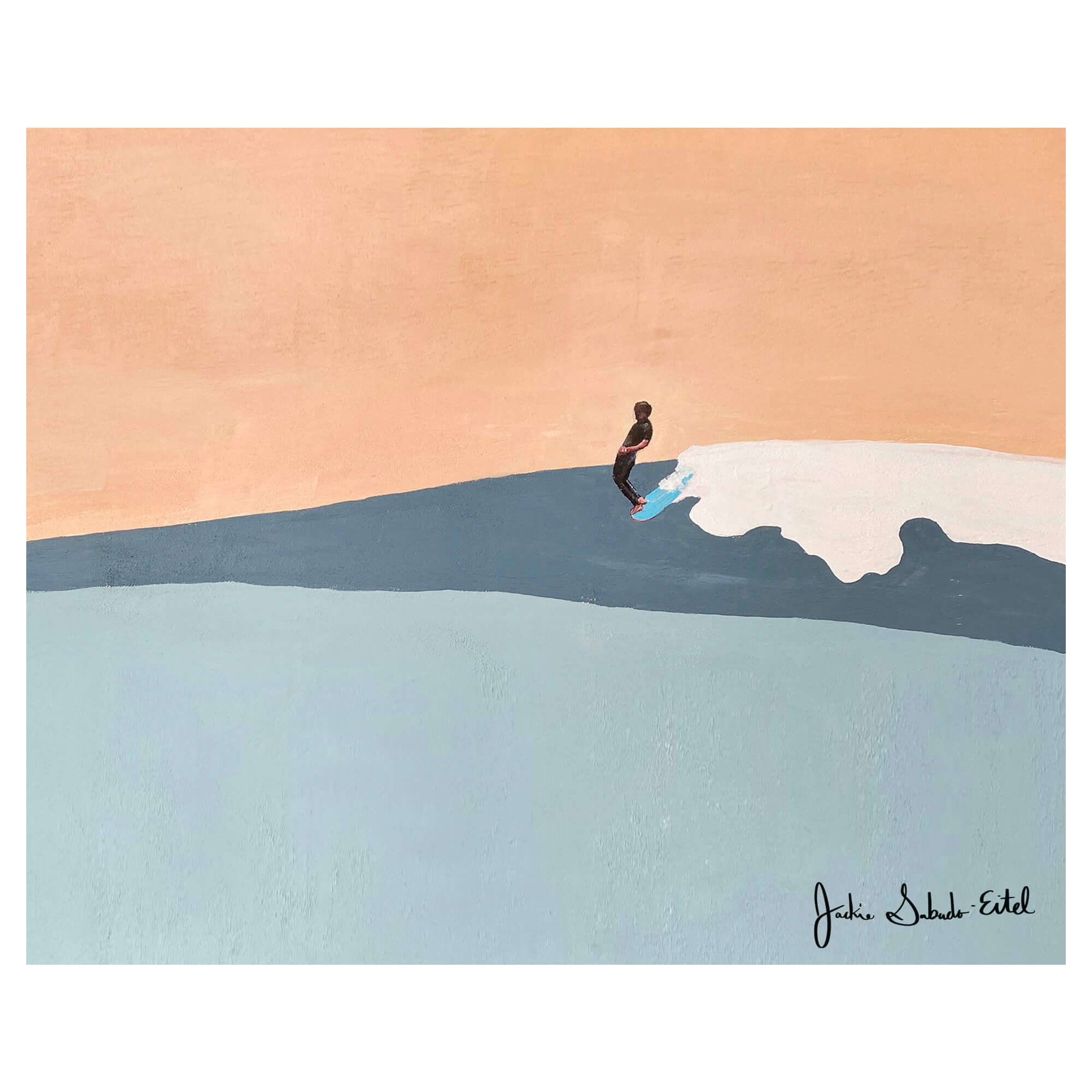 A canvas giclée print featuring a man riding the epic waves of Hawaii by Hawaii artist Jackie Eitel